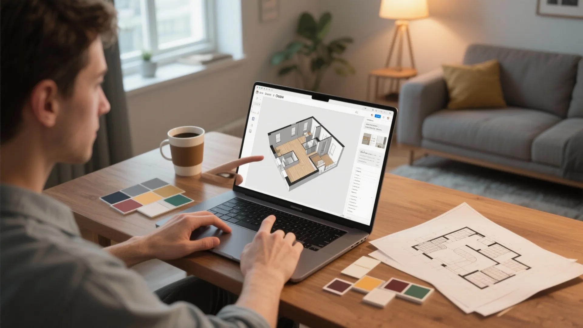 Designer using a 3D floor planner on a laptop with paint chips and a floor plan in a compact apartment.
