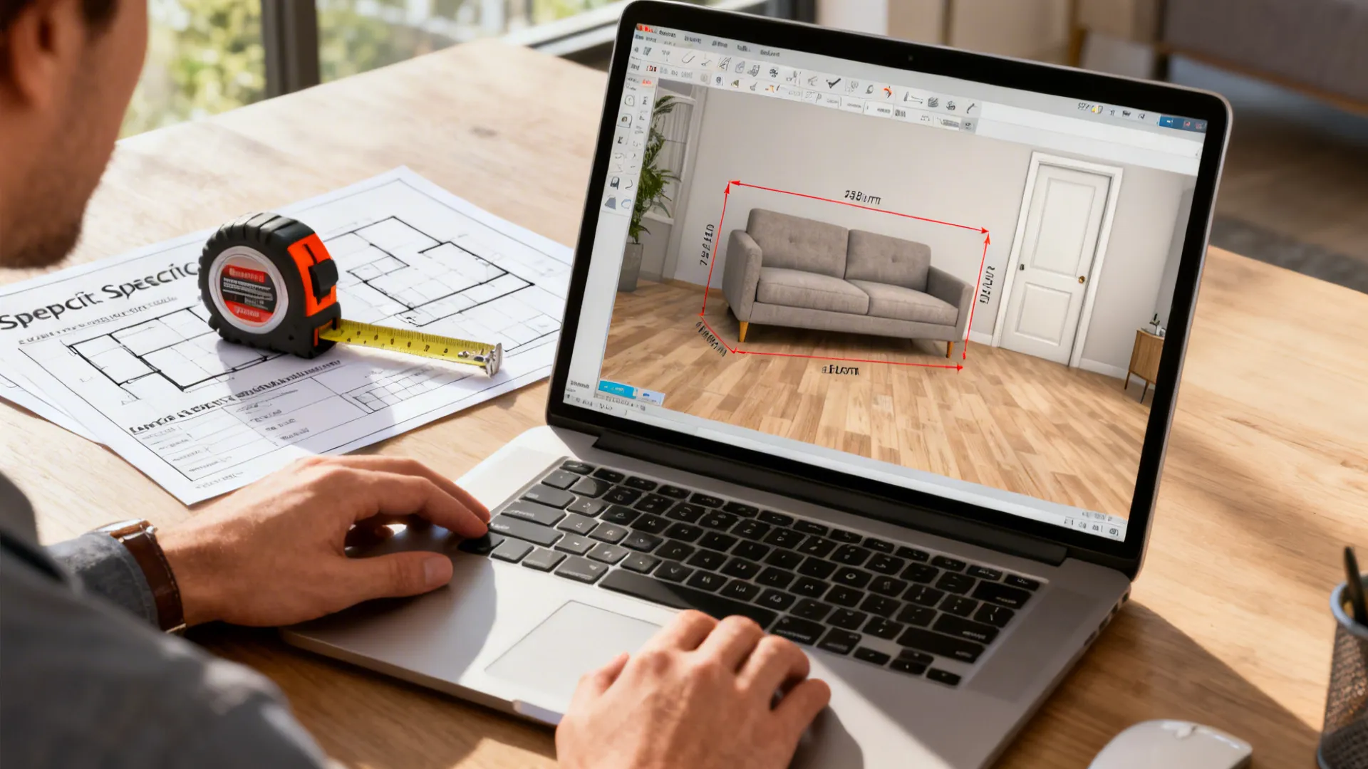 Designer using a 3D floor planner on laptop with tape measure and sofa specs for door clearance checks.