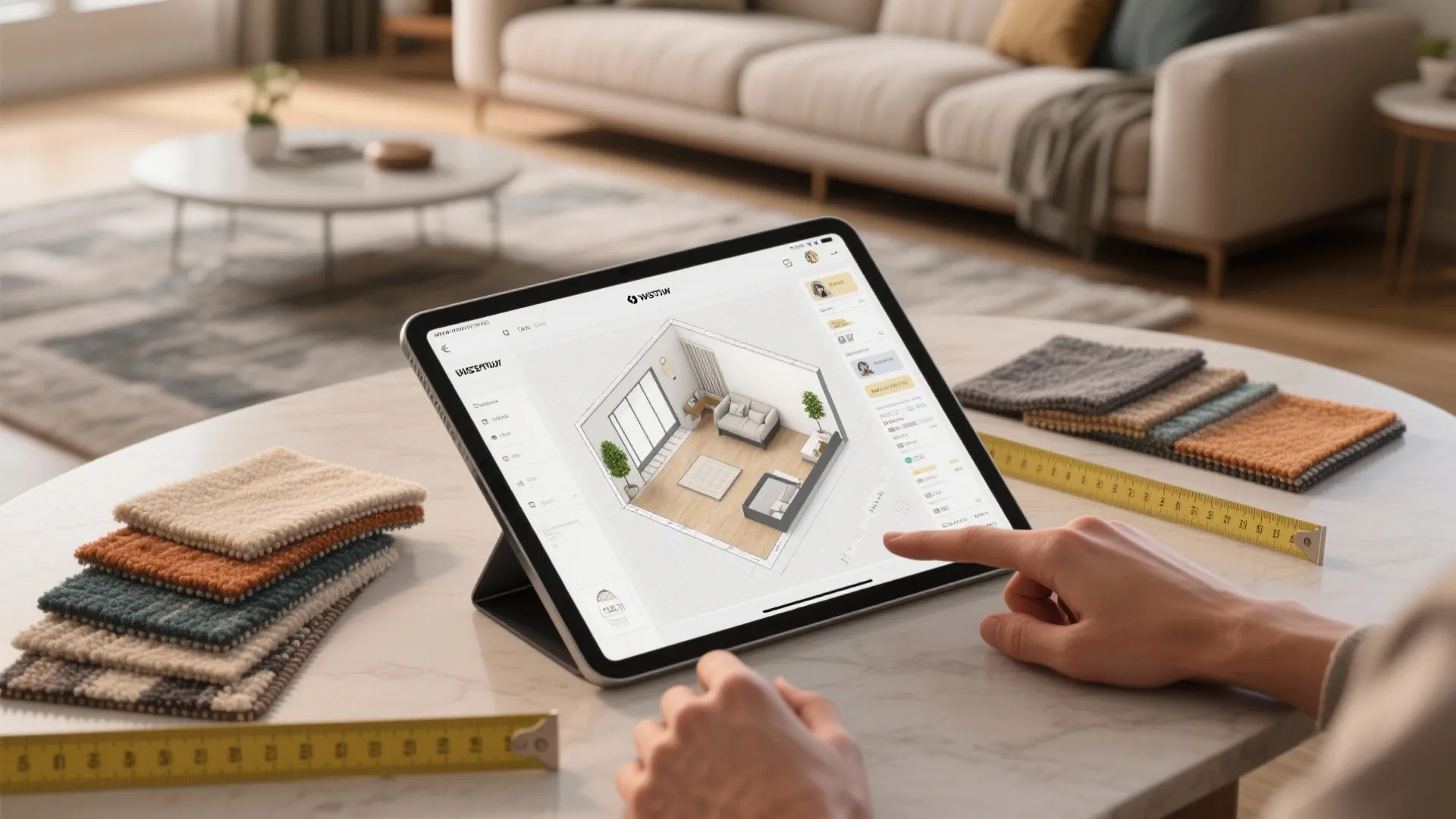 Tablet showing a 3D floor planner with rug swatches and measuring tape for visualization