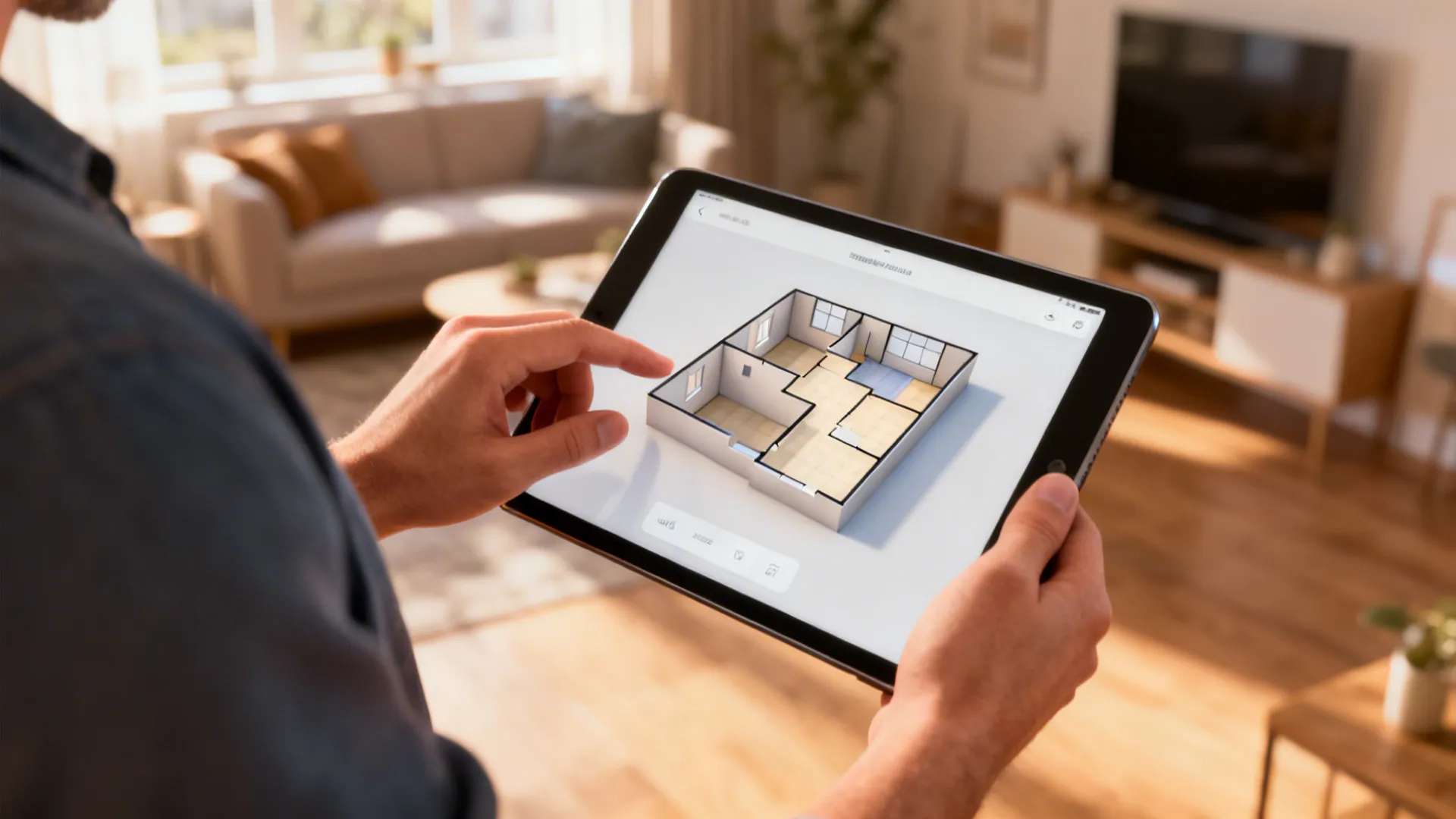 Person using a digital tablet to view a three dimensional house floor plan layout design