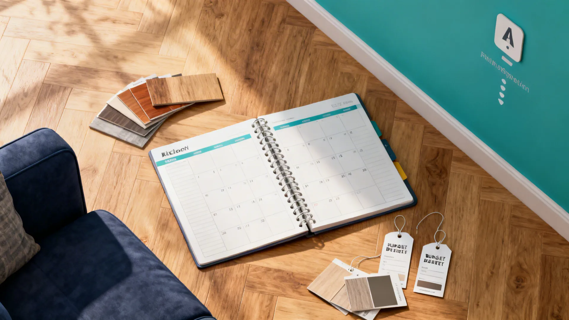 Top-down 3D planner mockup showing navy sofa, teal accent wall and warm oak flooring swatches