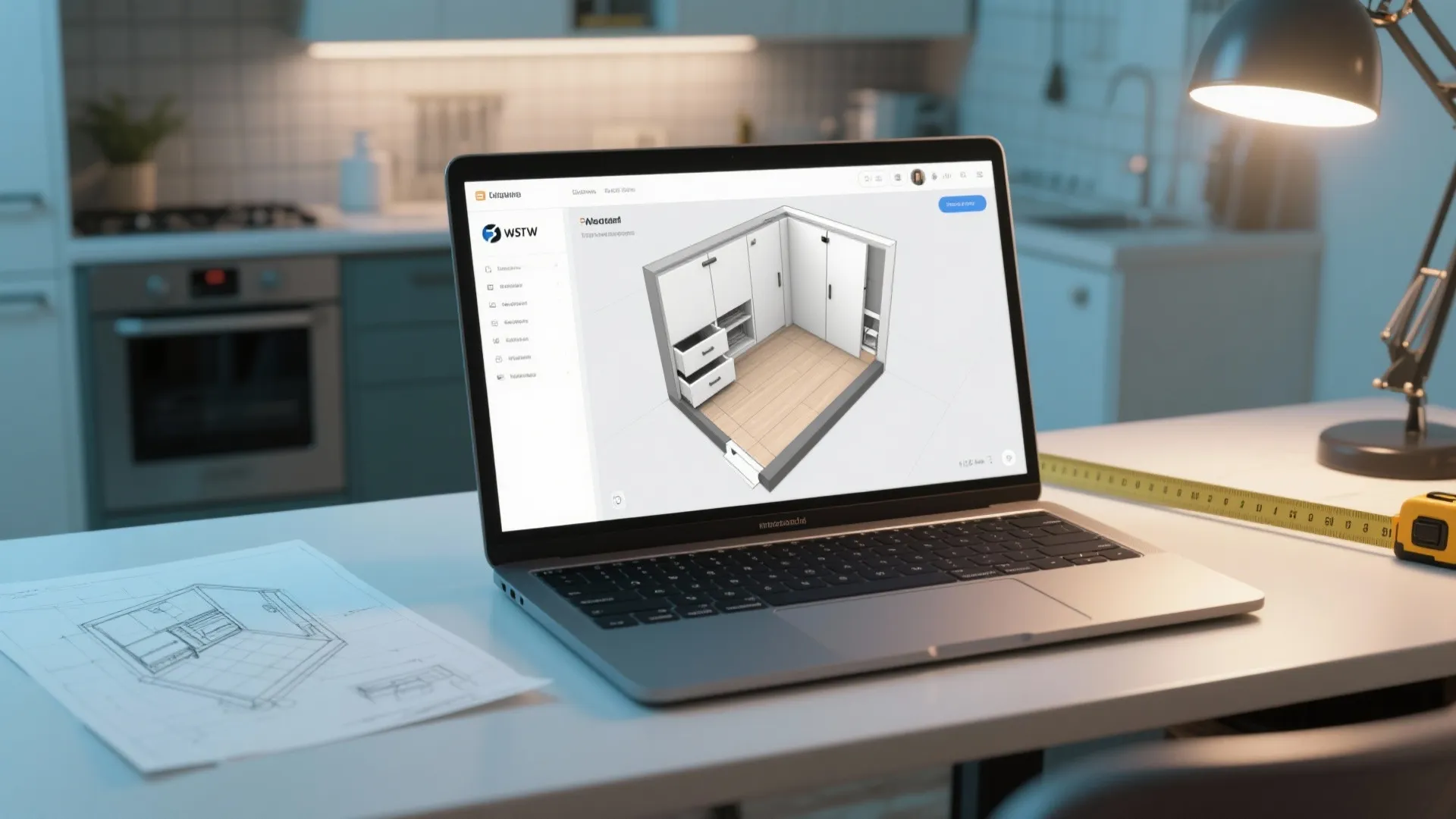 Laptop showing a 3D floor planner with cabinet pull-outs and toe-kick access for layout testing.