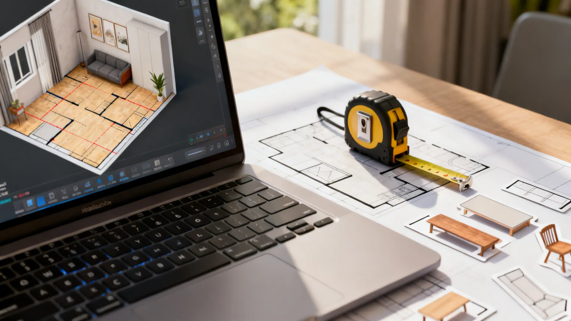 Laptop showing 3D floor planner with tape measure and scaled furniture pieces for small-room planning.