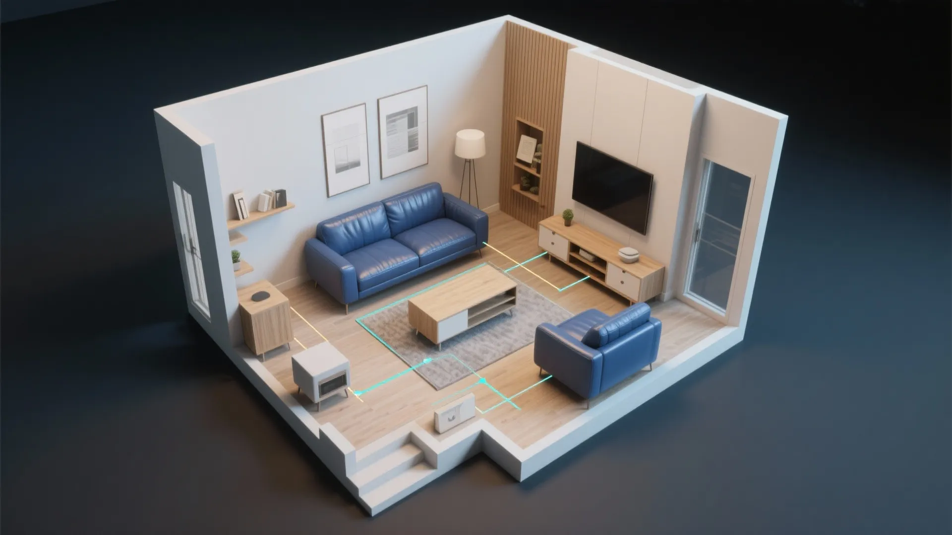 Isometric interior design drawing showing a modern living room layout with blue sofa and television