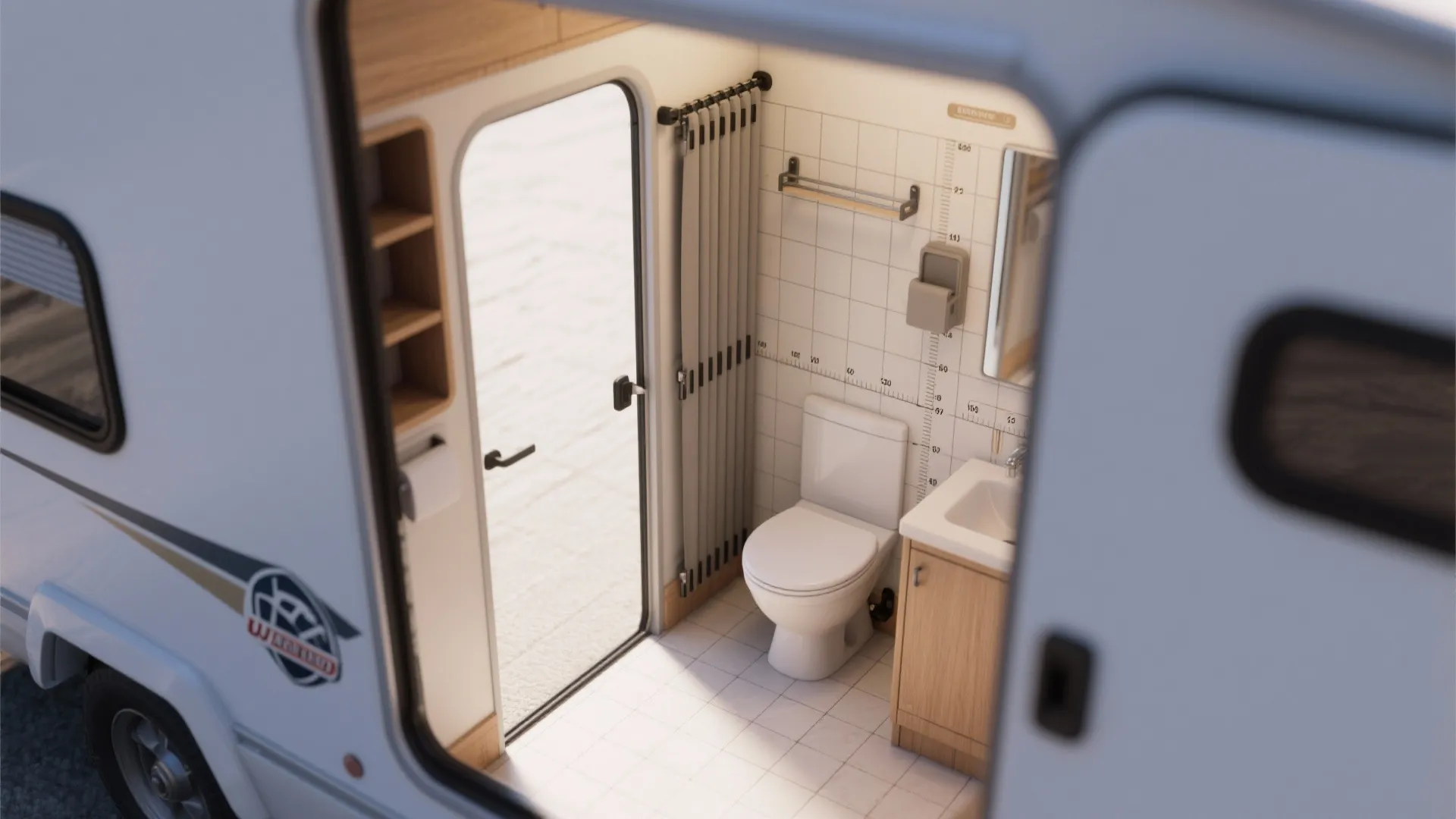 Top-down interior design drawing showing a small bathroom with toilet sink and clean white tiles