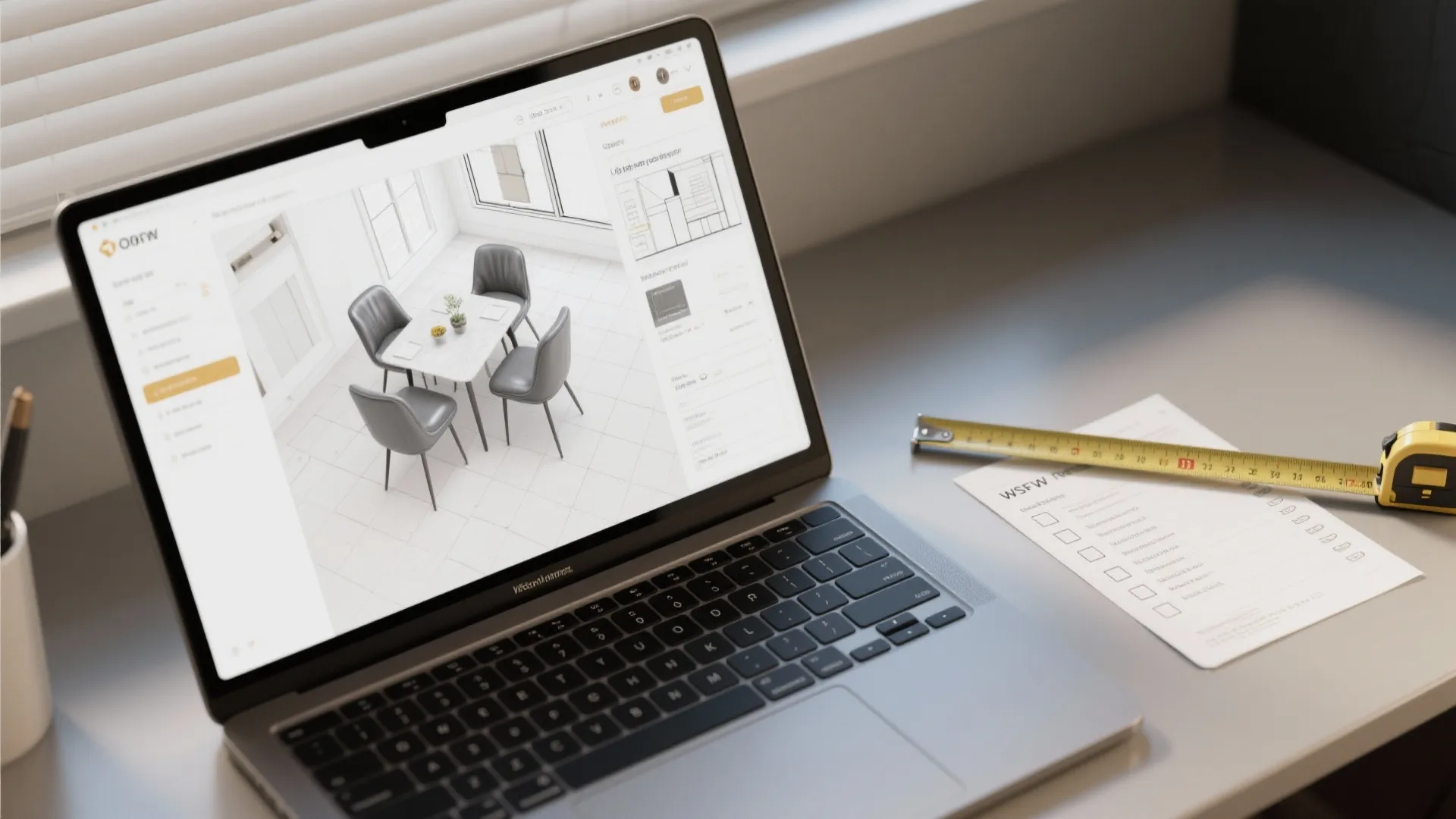 Laptop showing dining room design software with a measuring tape and checklist on the desk