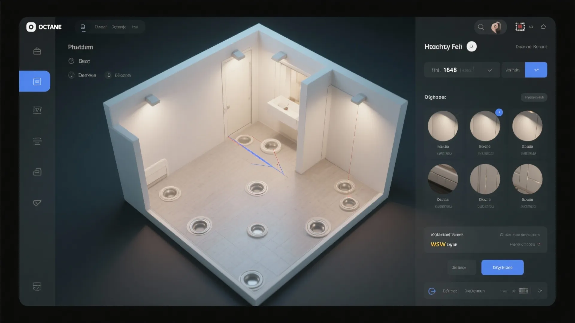 Interior design drawing software showing a 3D small room layout with multiple ceiling light fixtures
