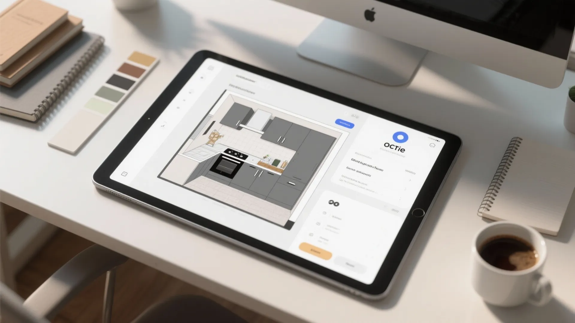 Top-down shot of a tablet showing a 3D kitchen floor plan with slate gray cabinets and material samples