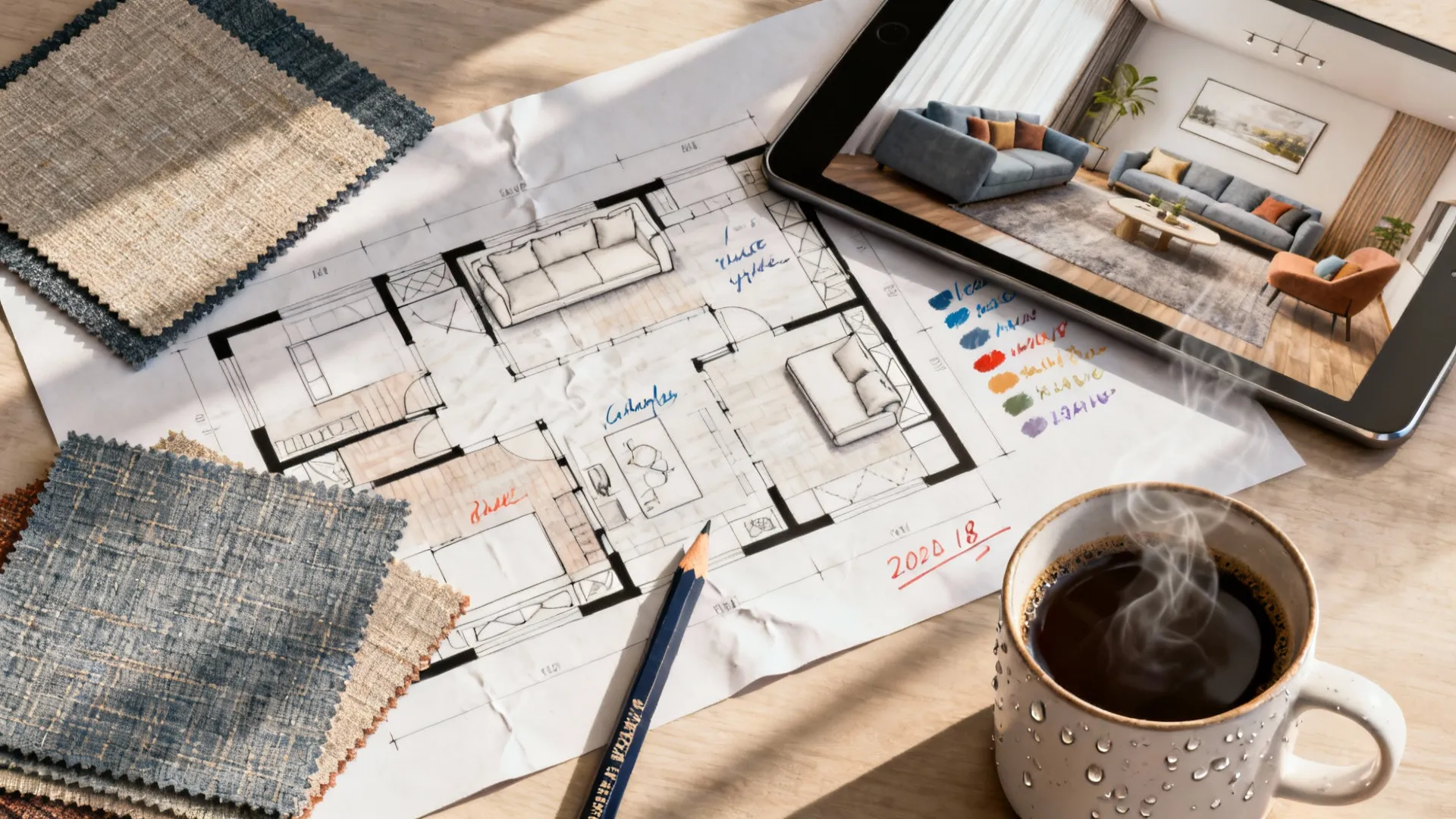 Top-down layout with color notes, sample cards and tablet showing a 3D room preview for choosing light yellow shades.