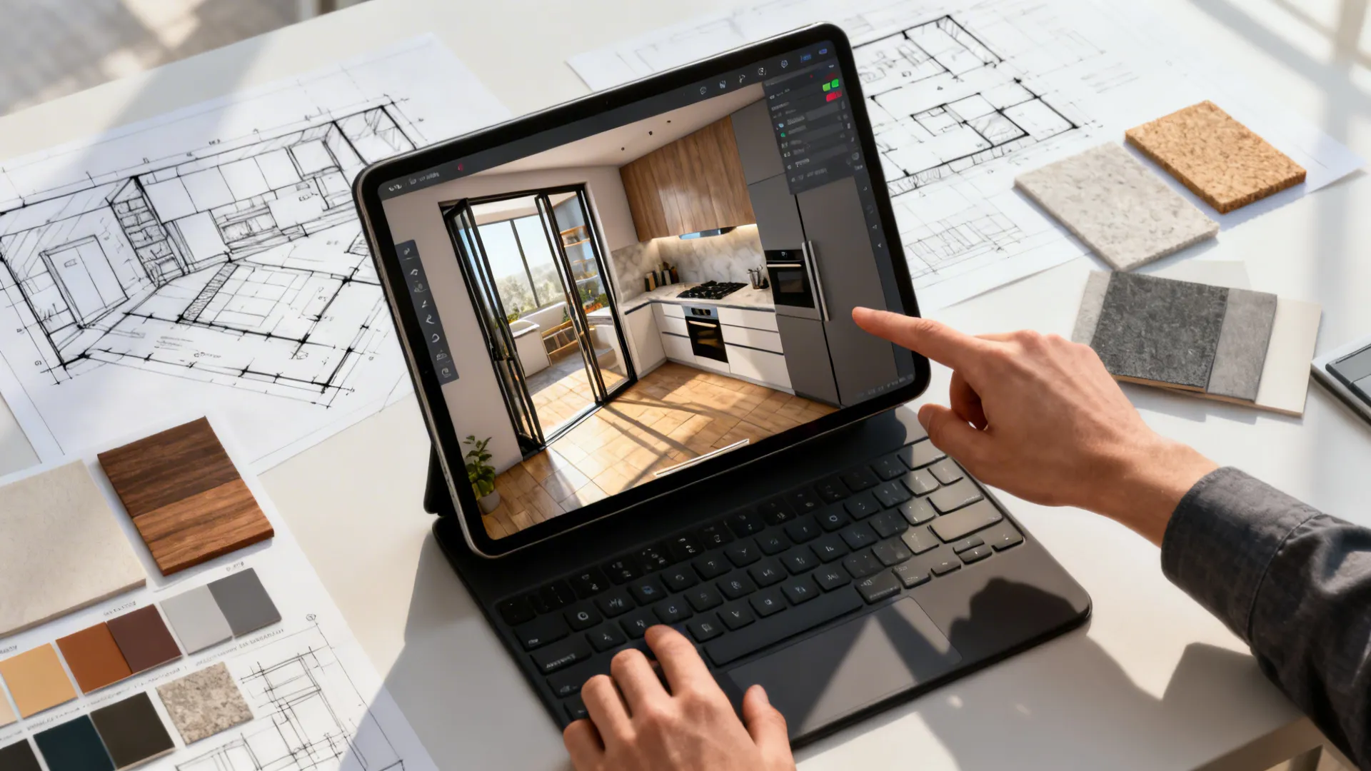 Top-down view of a tablet showing a 3D floor planner for an open kitchen layout