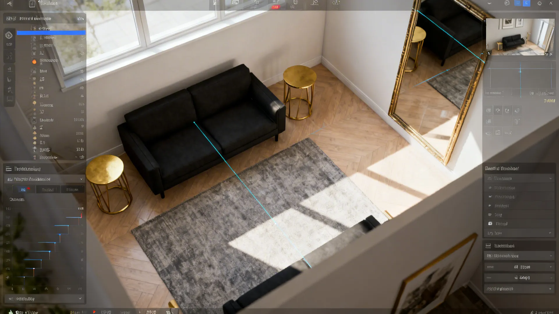 Top-down view of a 3D room planner showing layouts, sightlines and mirror placement for a small living room.