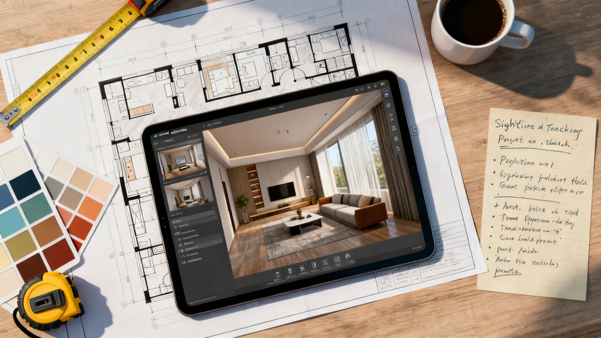 Top-down workspace with a 3D floor planner printout and a tablet showing a room mockup.