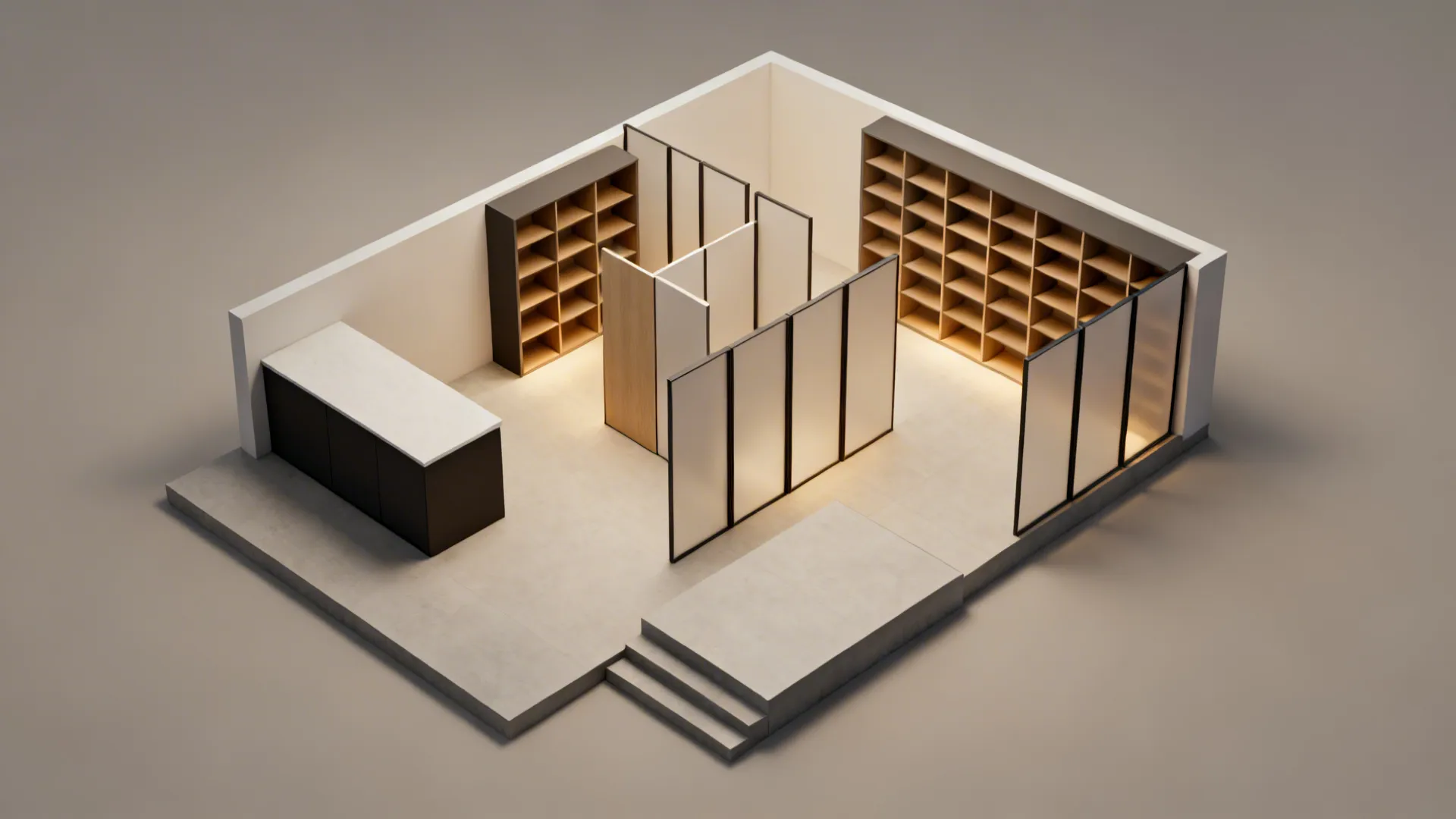 Top-down 3D planner render showing multiple divider options and clear circulation paths.
