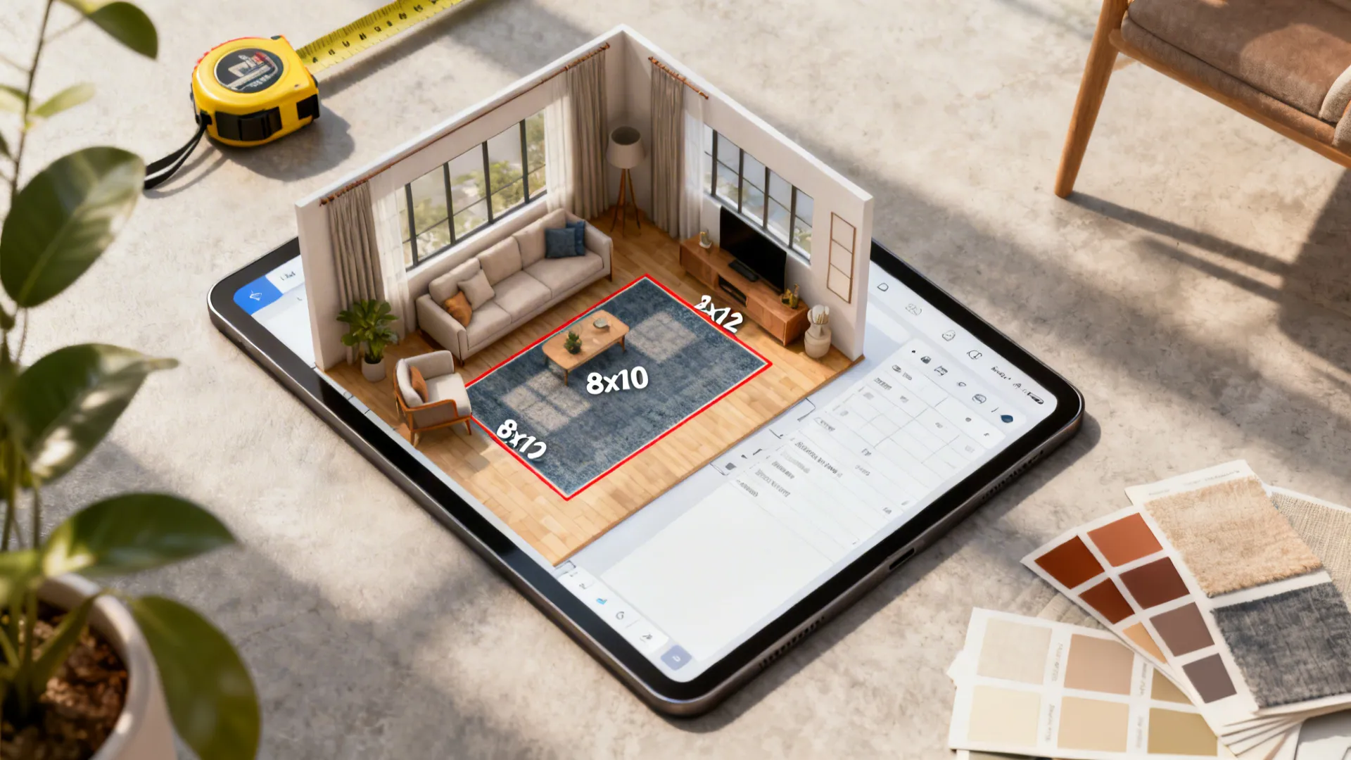 Top-down view of a tablet showing a 3D rug planner with overlays and sample swatches.