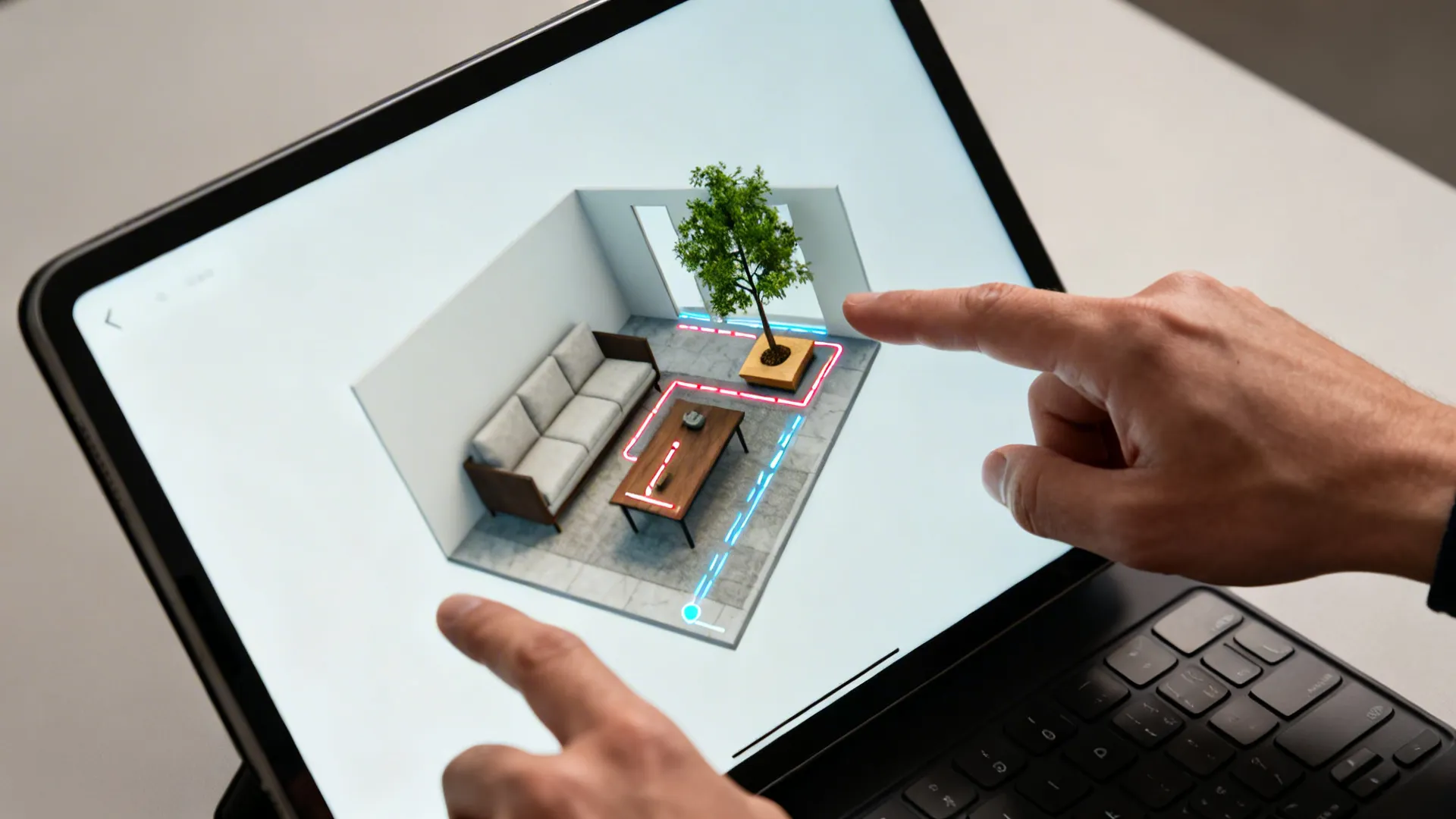 Top-down of a tablet showing a 3D room planner with tree placement for a small layout