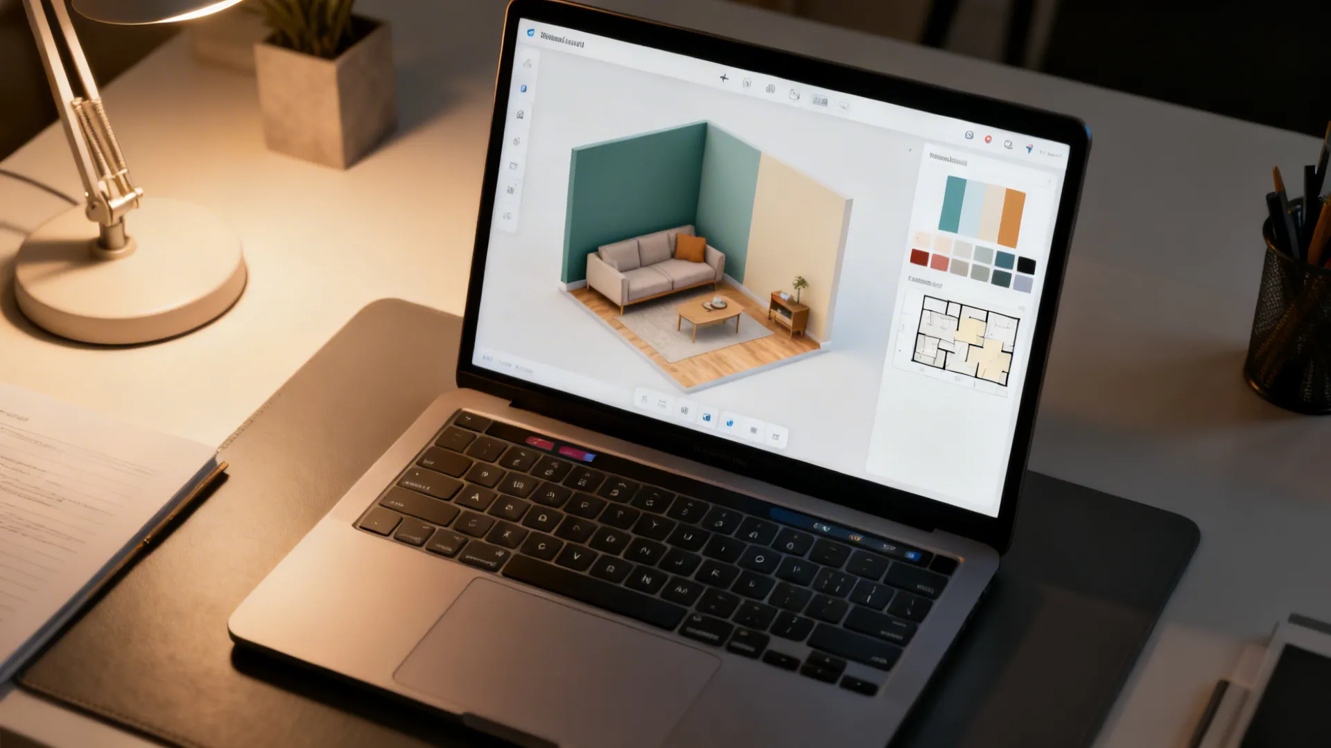 Top-down view of a laptop showing a 3D floor planner with two-tone wall options for a small living room.