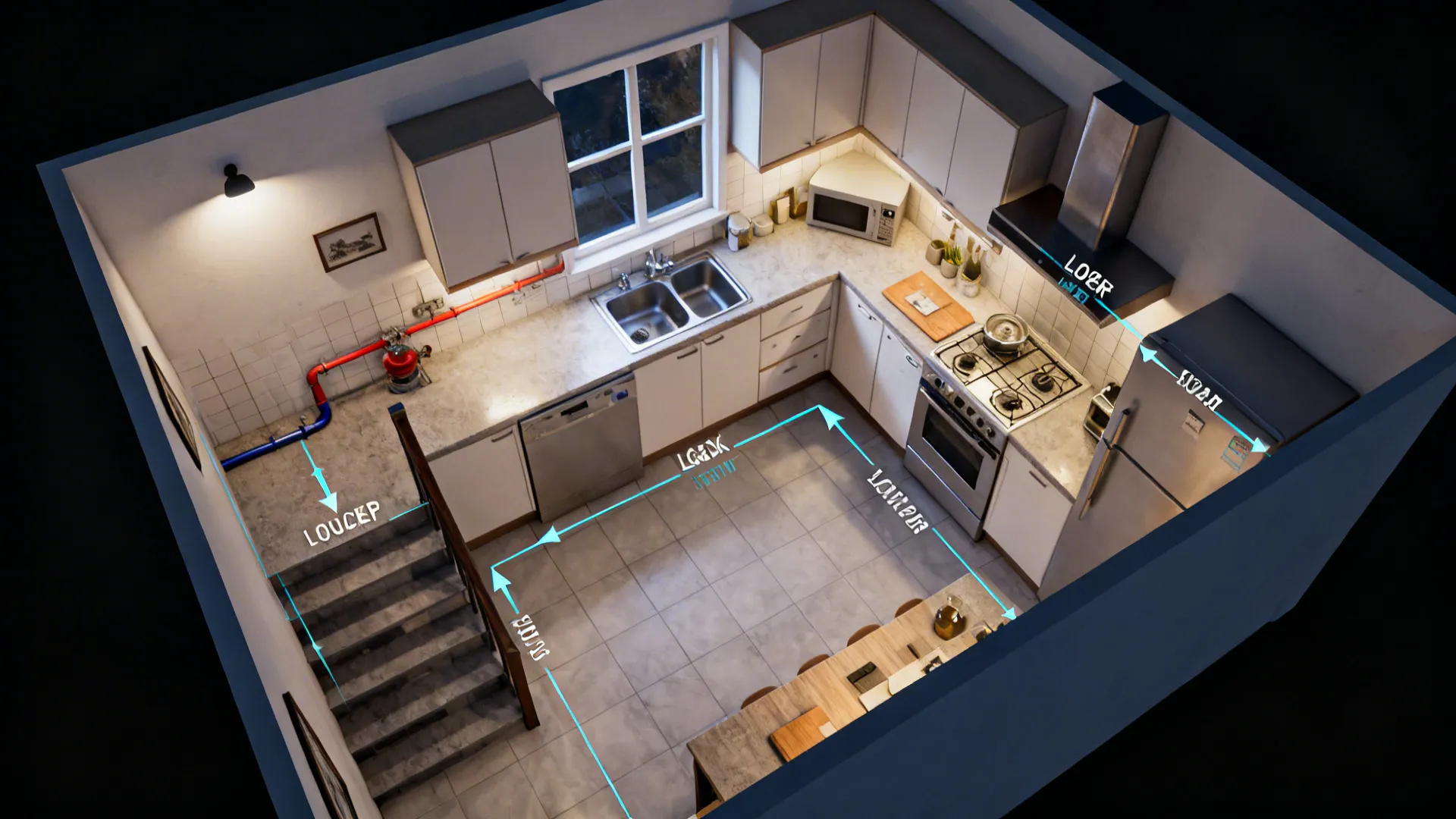Top-down workflow view showing measurements, fixed elements, lighting scenes, and traffic flow.