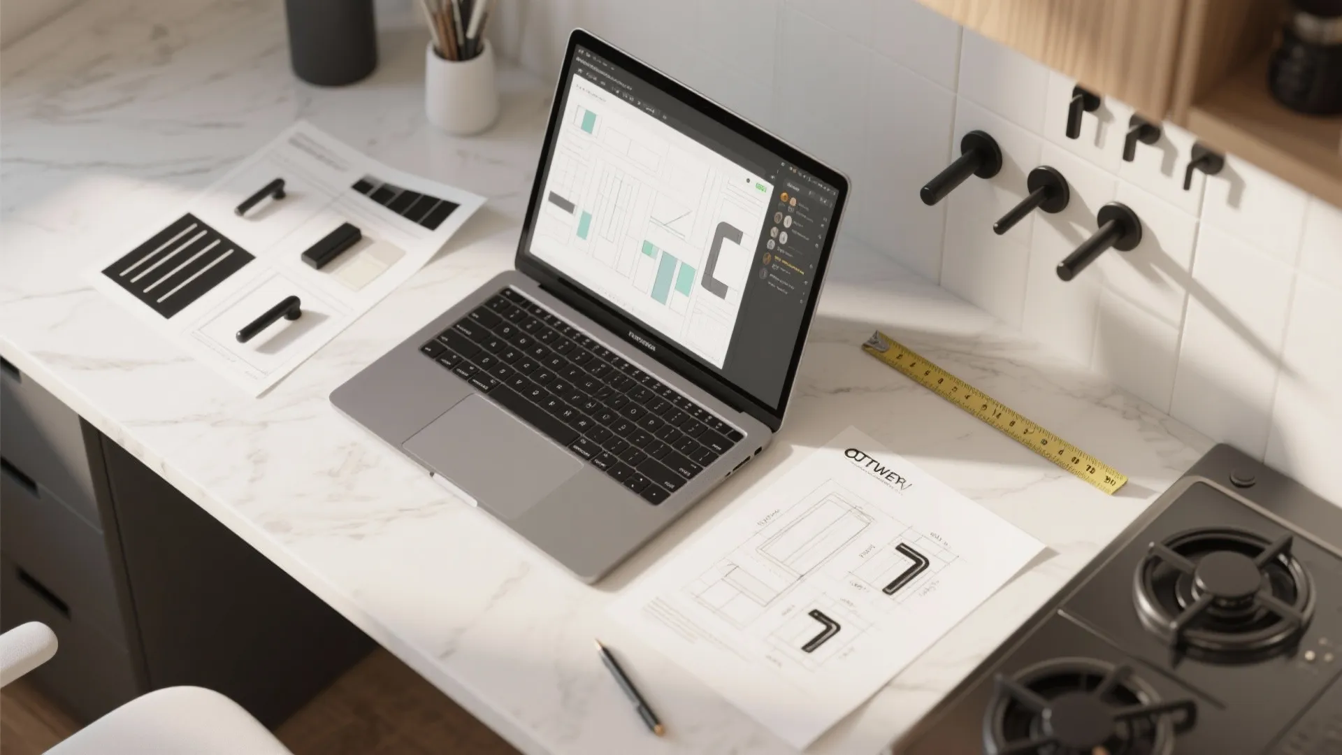 Top-down view of a designer using a 3D planner with handle samples and sketches to test hardware scale.