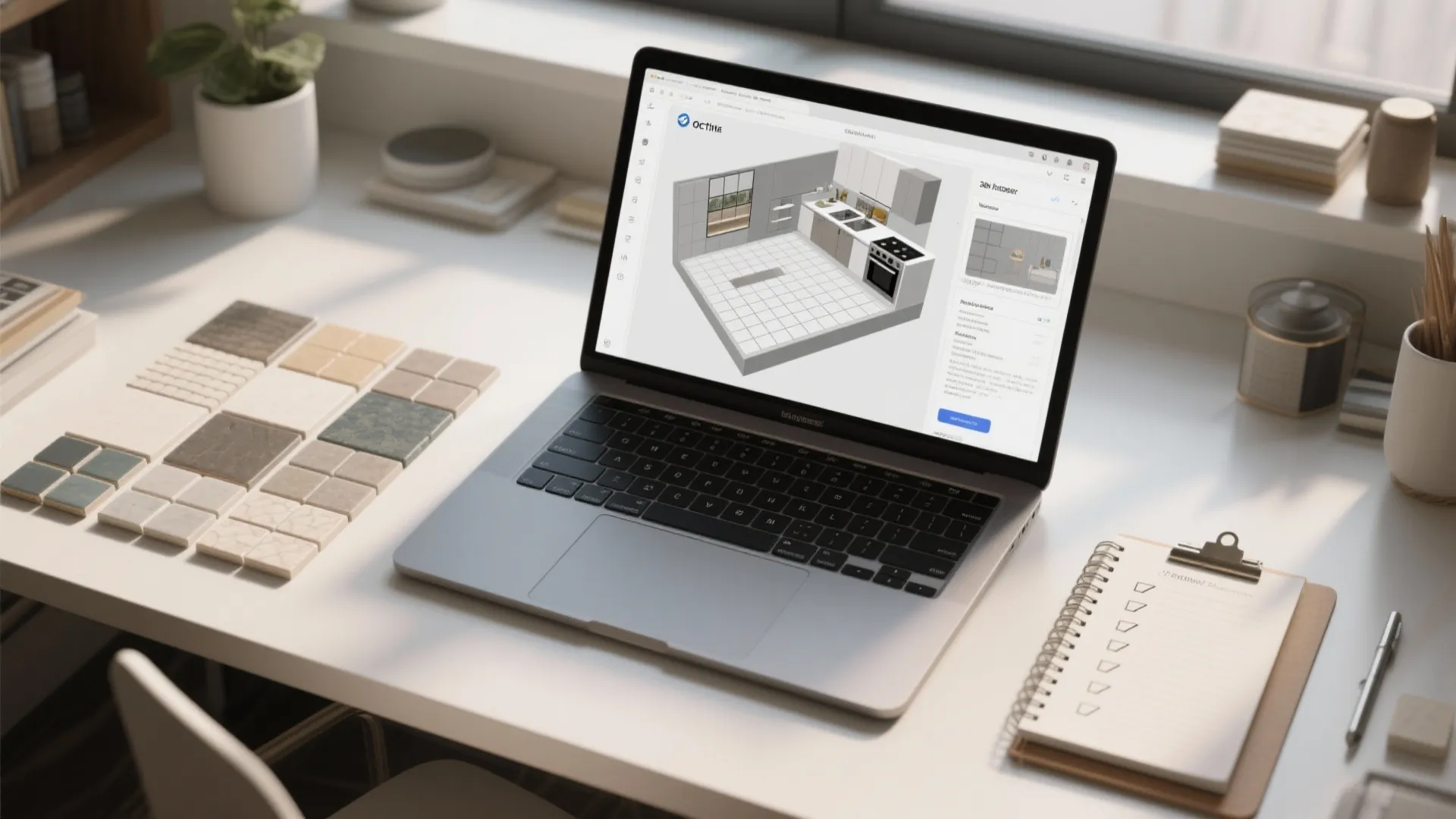 Top-down view of a 3D kitchen planner on a laptop with tile samples and planning notes.