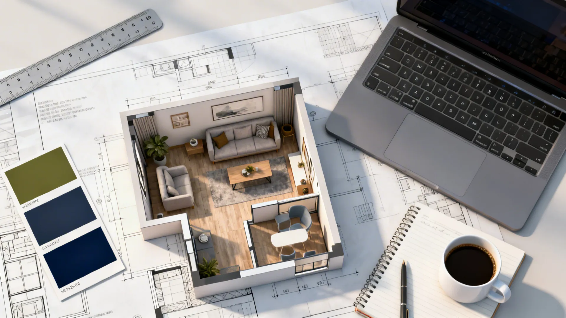 Top-down view of a 3D floor planner on a laptop with olive and navy swatches and design tools.
