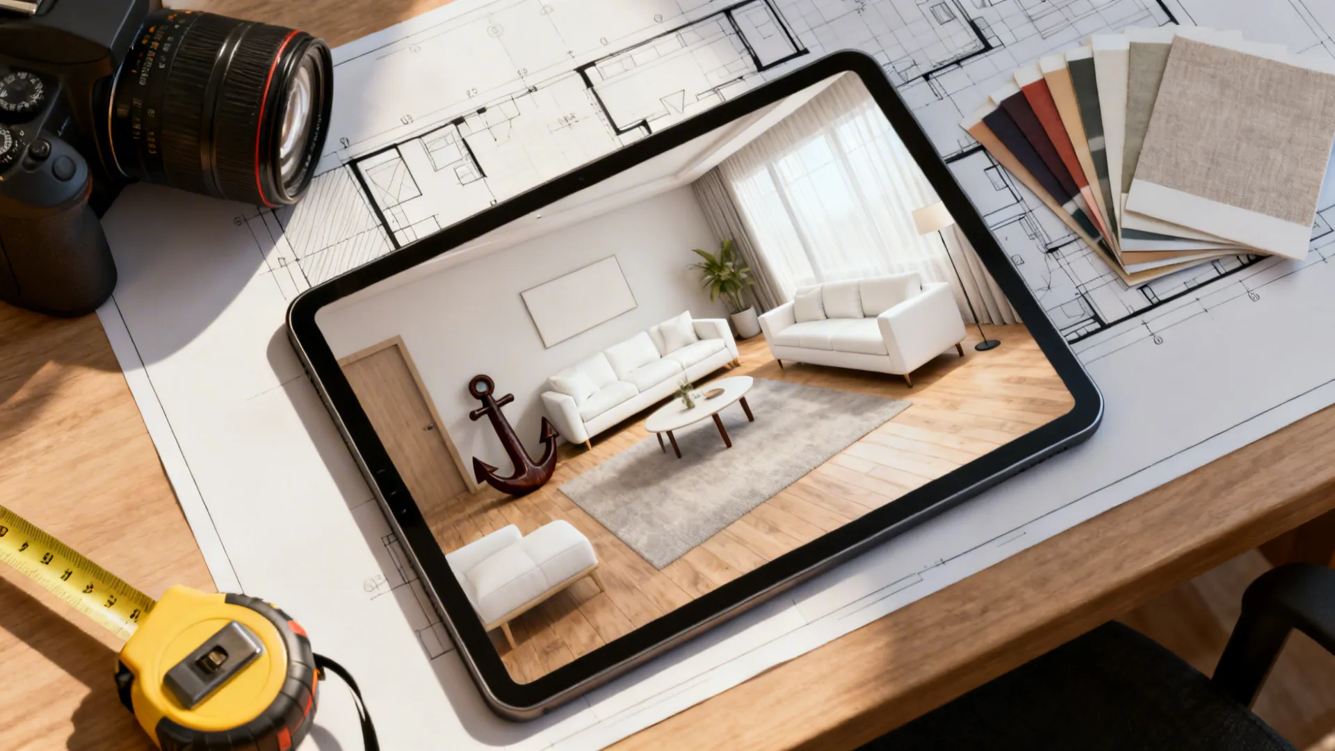 Tablet showing a living room design with white sofas placed on desk with floor plans