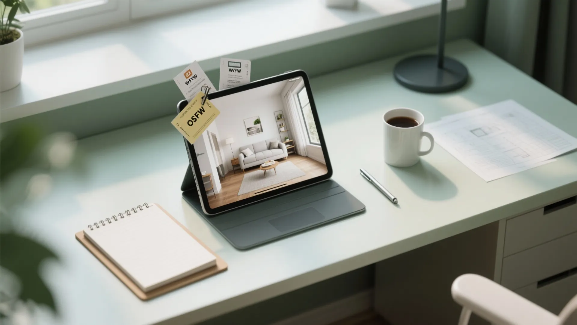Tablet on office desk showing interior design drawing of living room with sofa and light