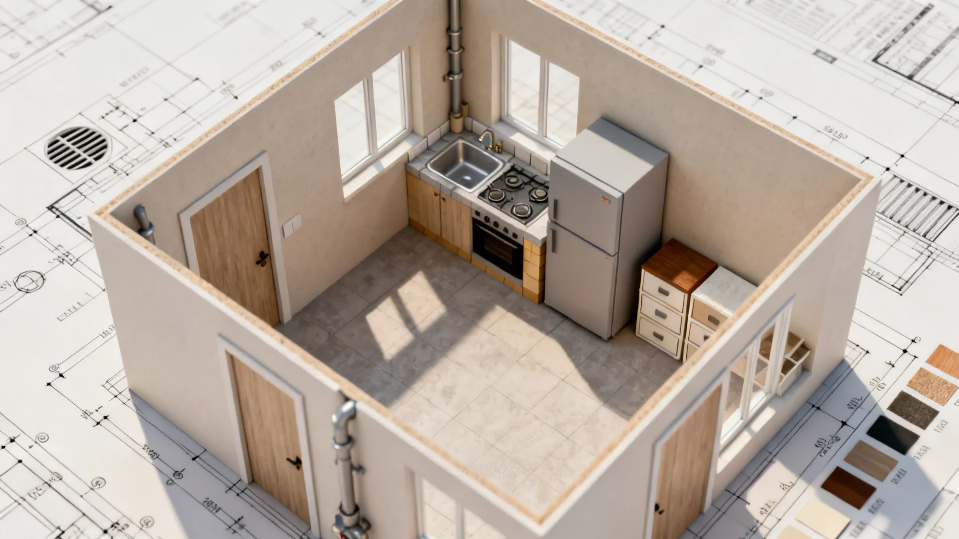 Small 3D kitchen model room layout placed over paper floor plan drawings and color samples