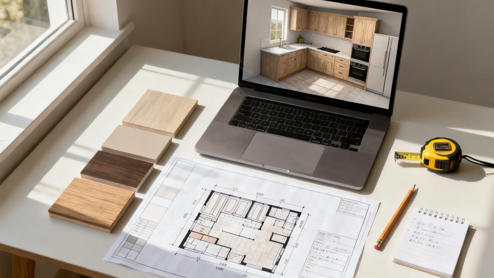 Laptop showing kitchen interior design drawing near paper floor plan, wood samples, and tape measure
