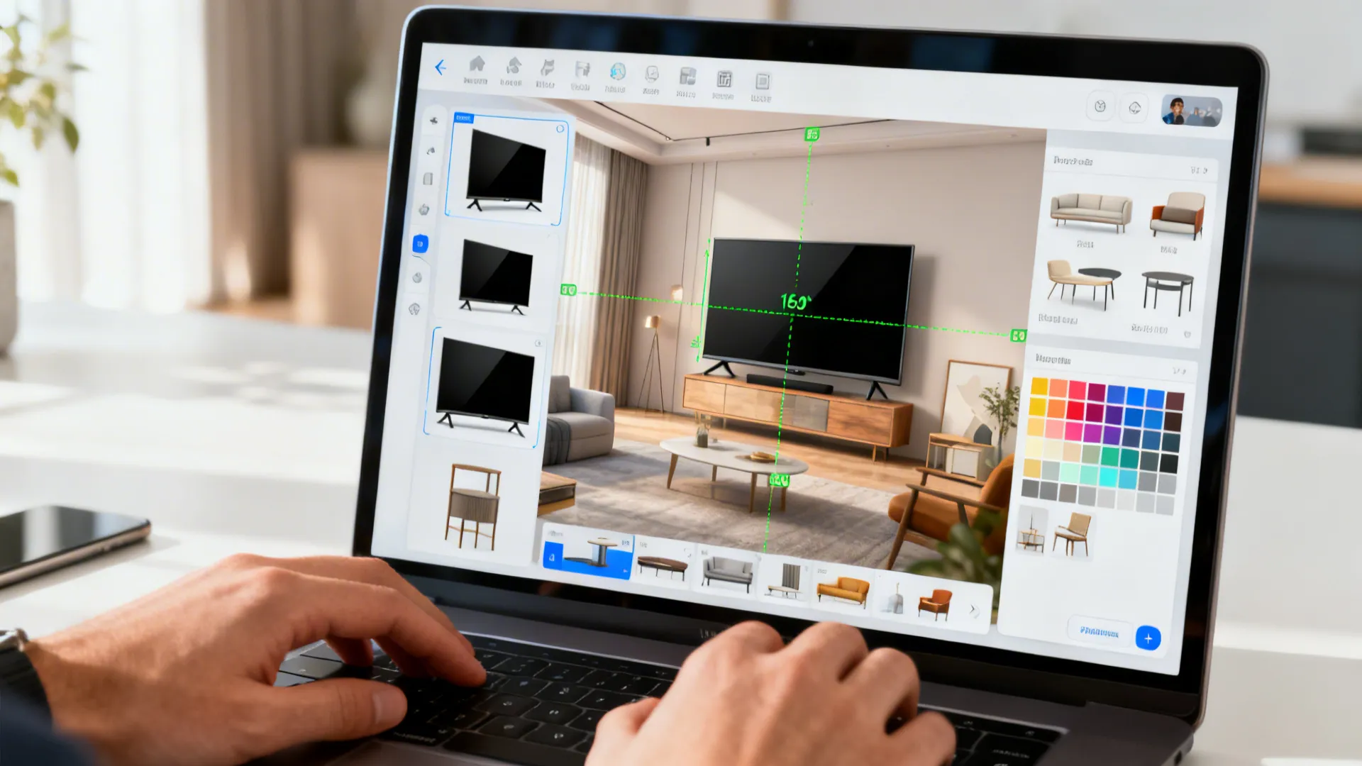 Person using laptop to design a living room layout within an interior design drawing software