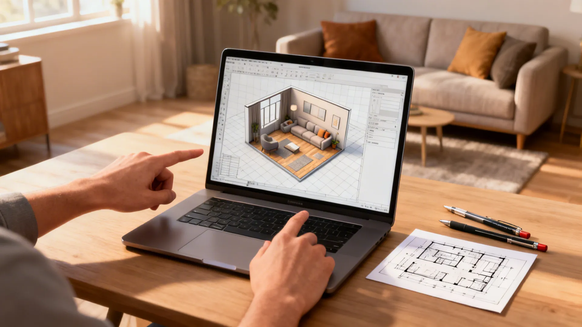Designer using a quick 3D floor planning tool on a laptop to test small living room layouts.