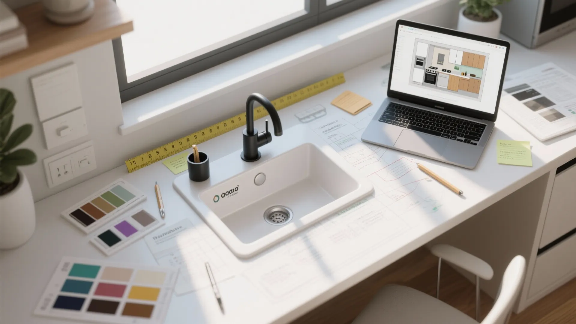 Top-down view of a 3D planning setup with a laptop showing faucet placement and material samples
