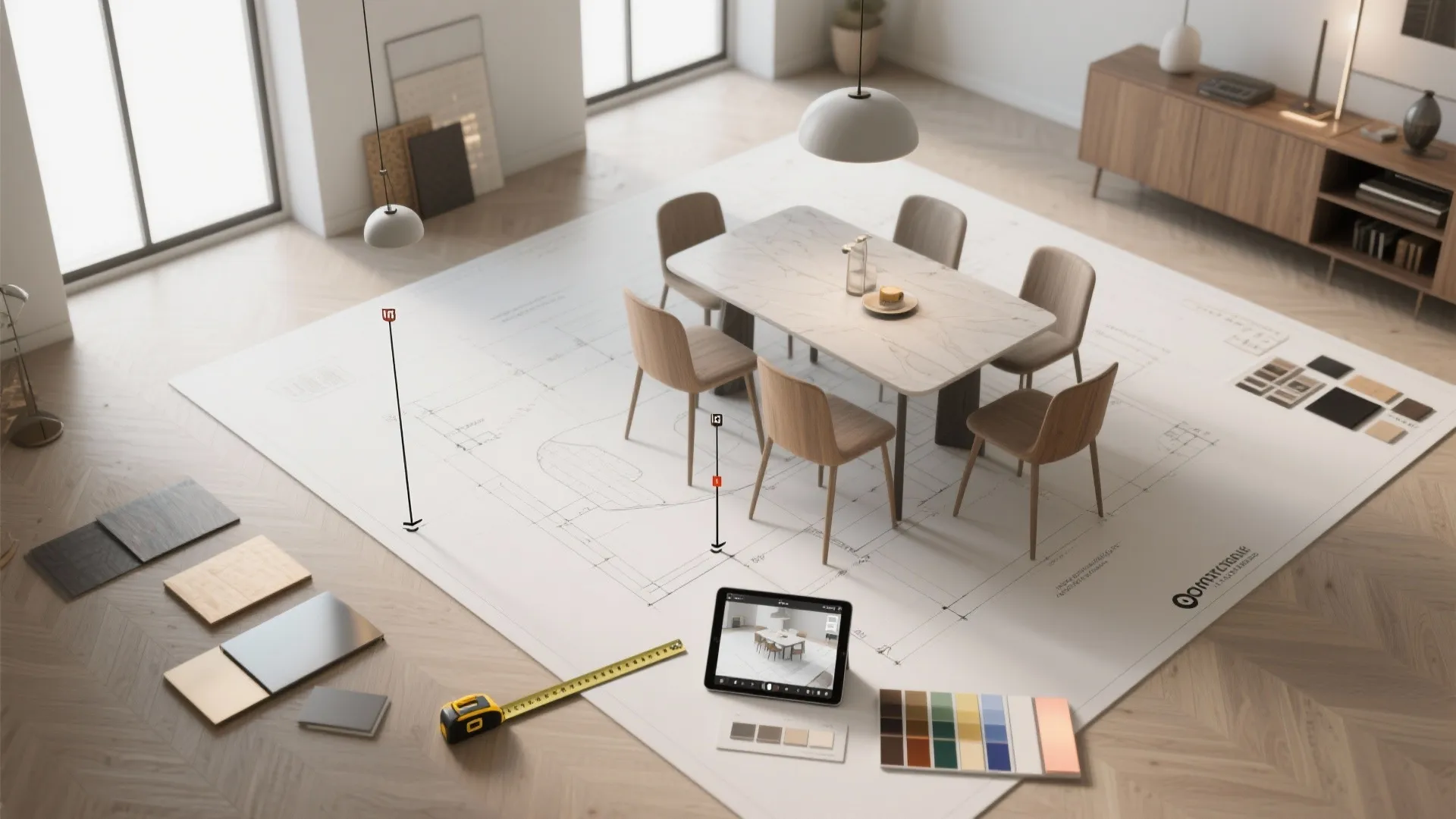 Top-down designer planning scene with table templates, pendant height markers, and a 3D visualizer on a tablet.