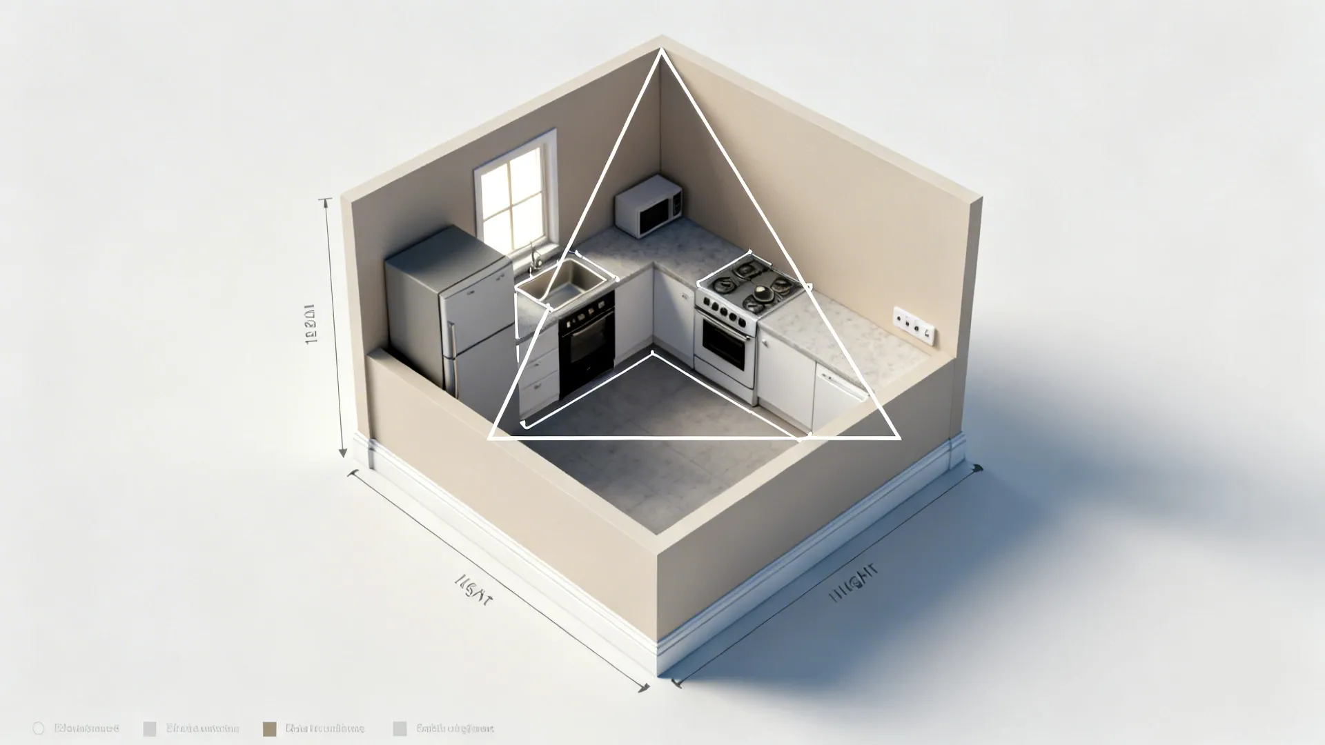 Small kitchen room layout showing fridge stove and sink with a white triangle for workspace flow