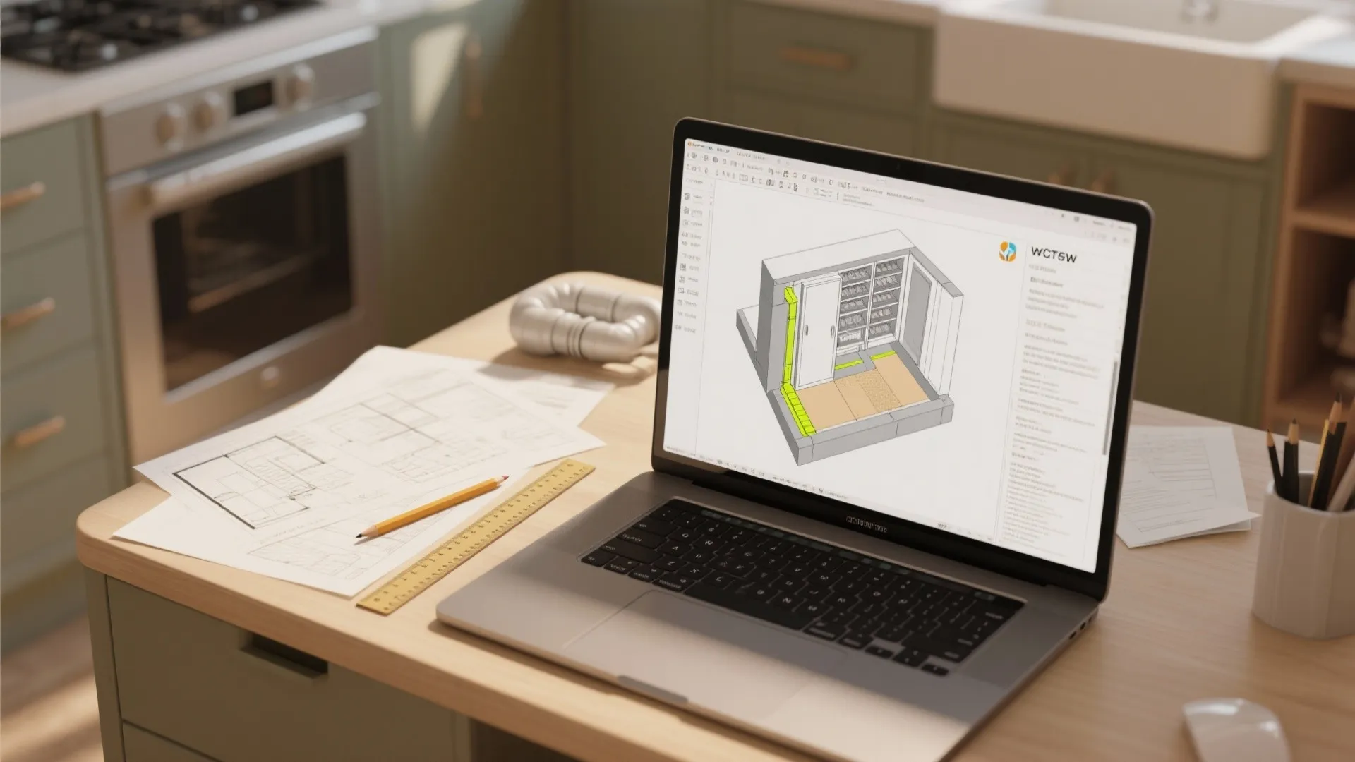 Laptop on a kitchen table showing an interior design drawing with paper floor plans and pencils