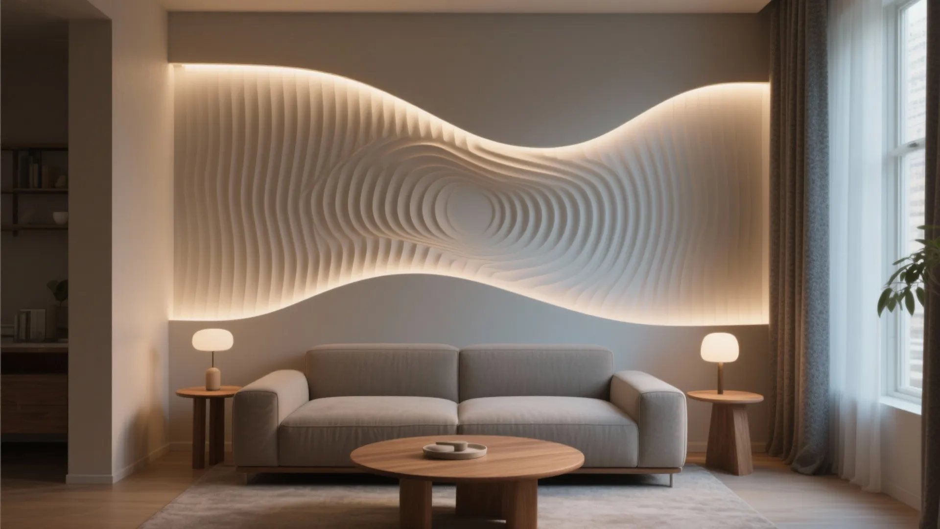 Living room featuring wavy 3D wall panel, beige sofa, wooden coffee table, and table lamps