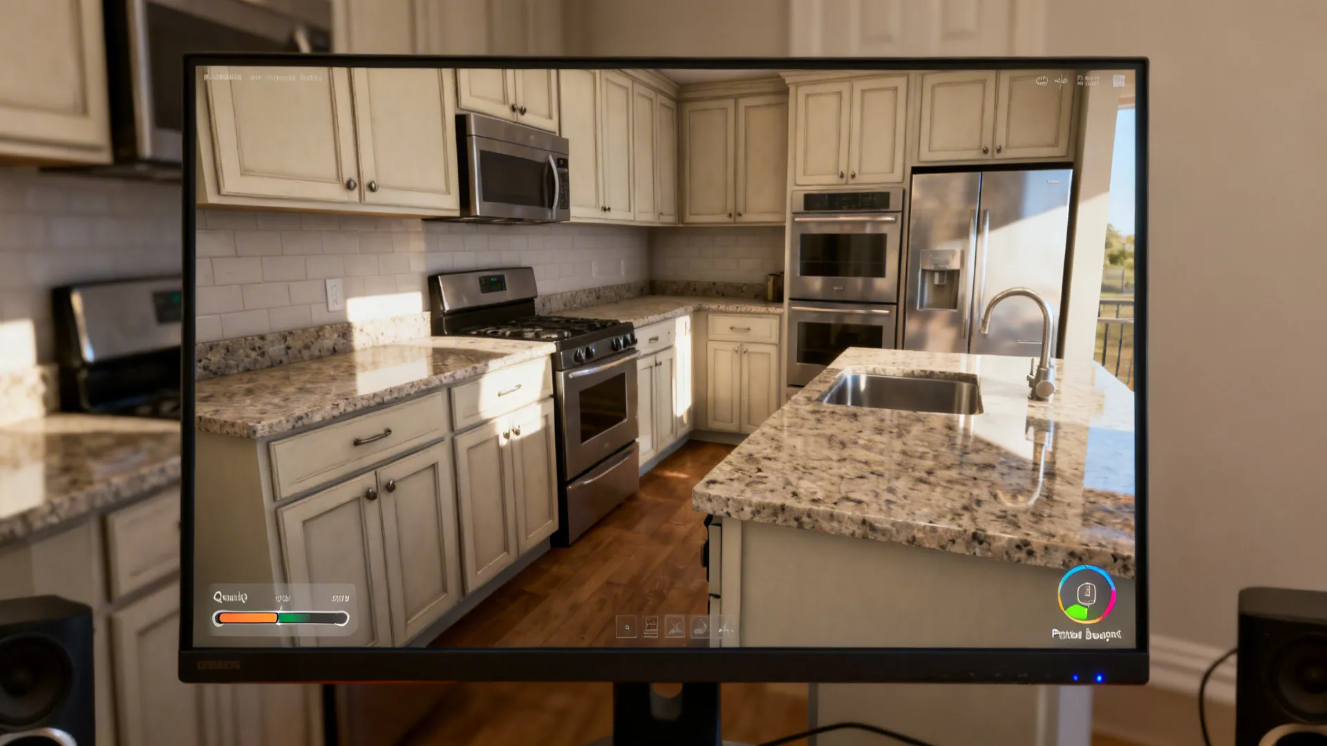 Monitor showing a real-time 3D kitchen preview with realistic materials and a quality control.