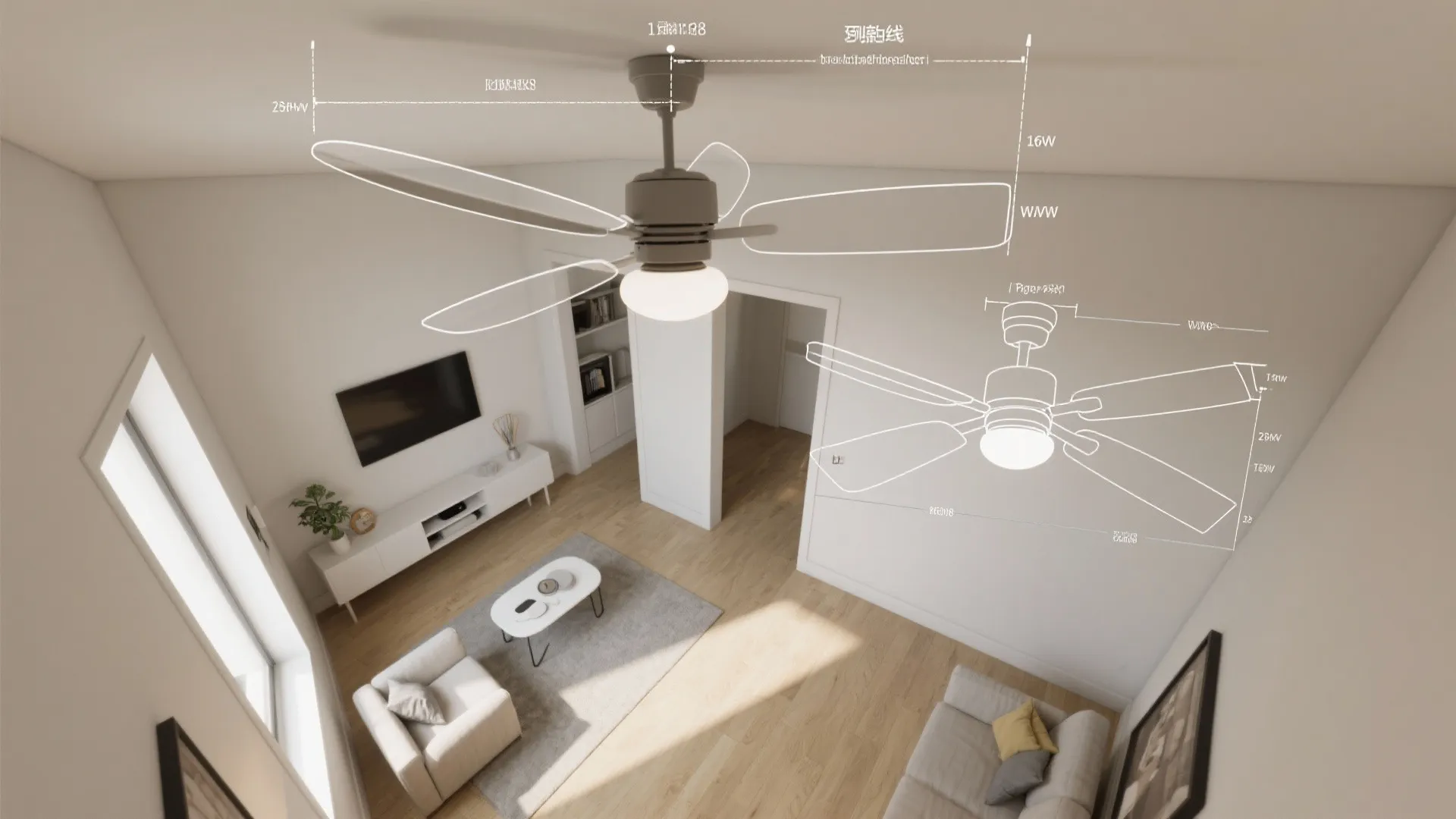 Interior design drawing showing a living room with ceiling light fan and technical measurement labels