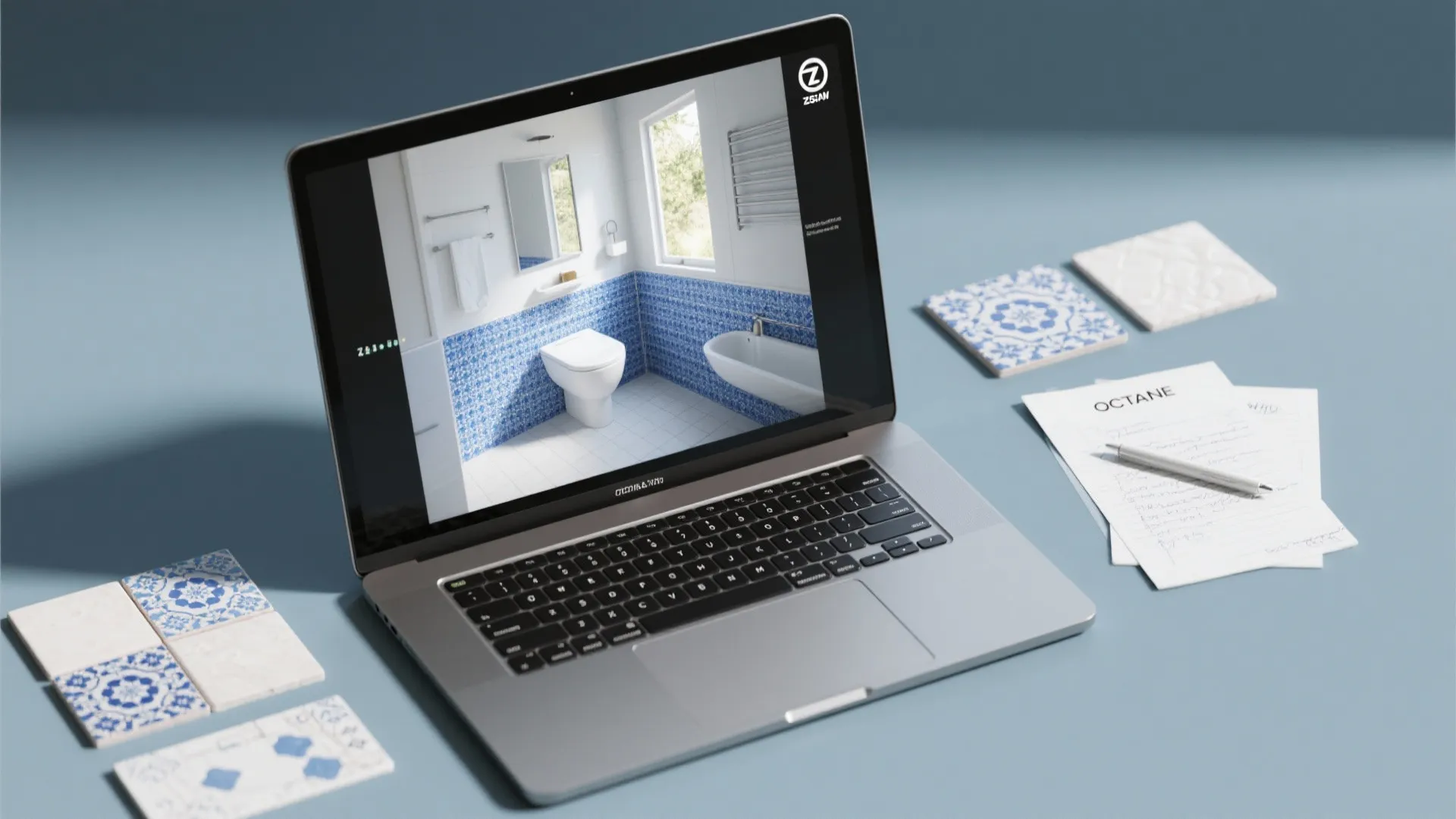 Laptop computer screen showing blue and white bathroom wall tile design with white toilet and bathtub