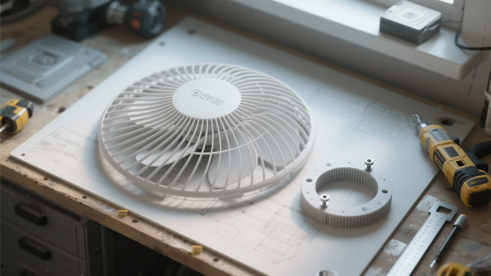 White 3D printed fan cover on workbench with electric screwdriver and technical interior design drawing