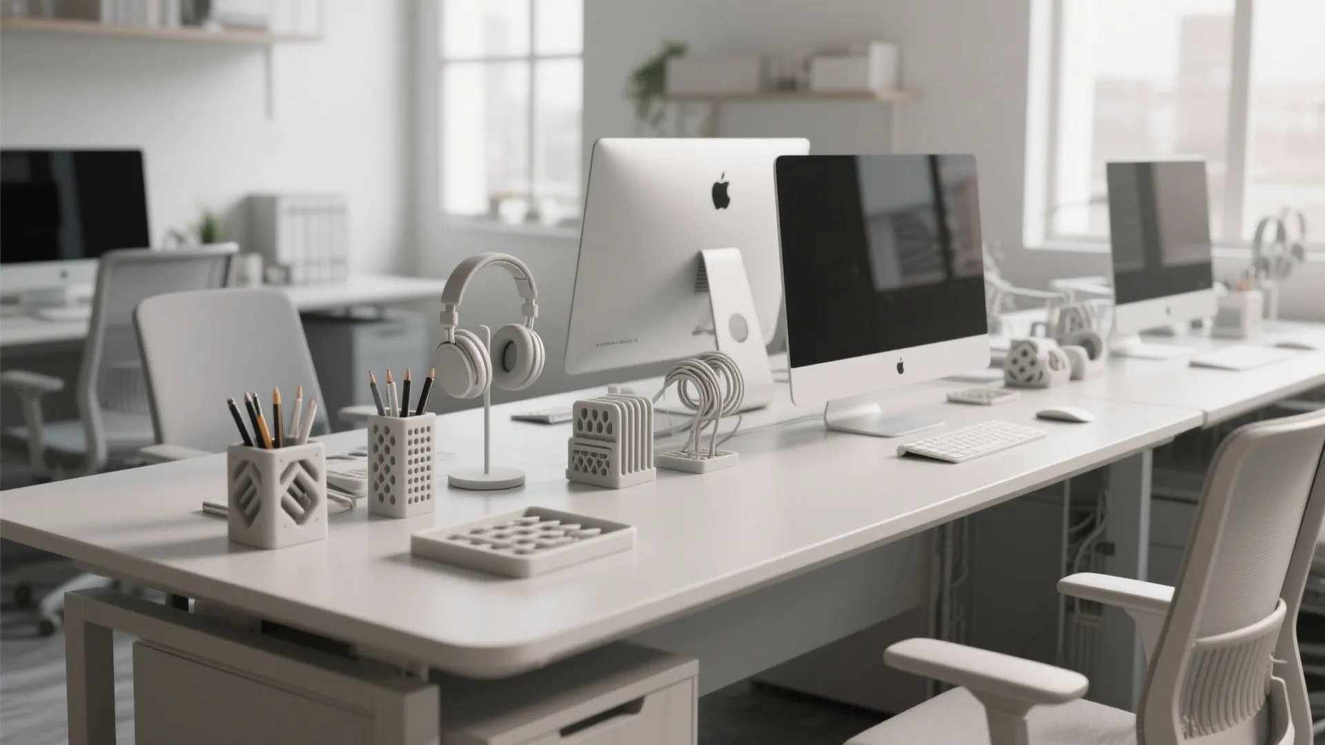 White office desk with computers headphones pencil holders and modern chairs in a bright workspace