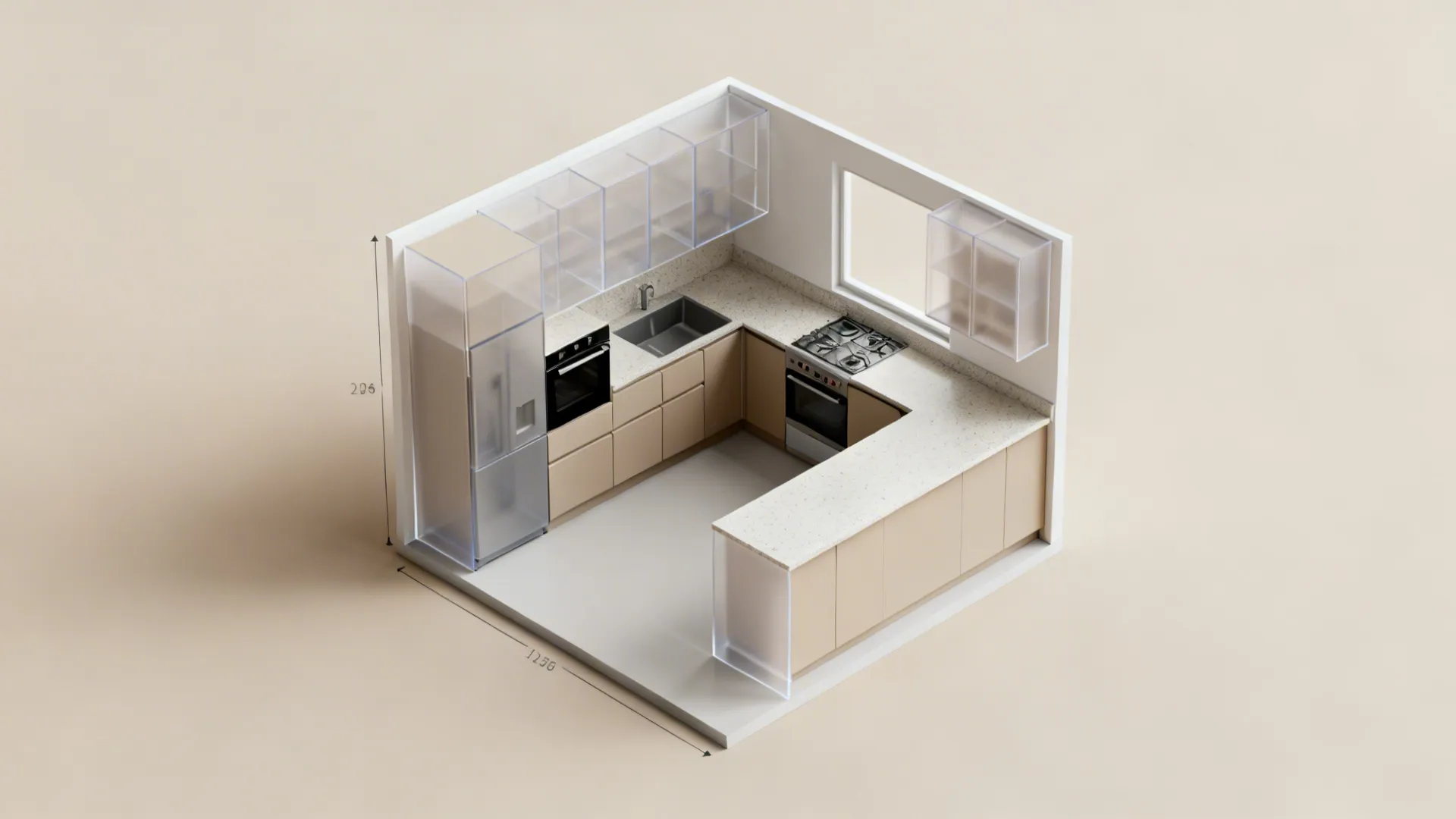 Top-down visualization showing measurement shell, concept options, and refined 3D kitchen model.