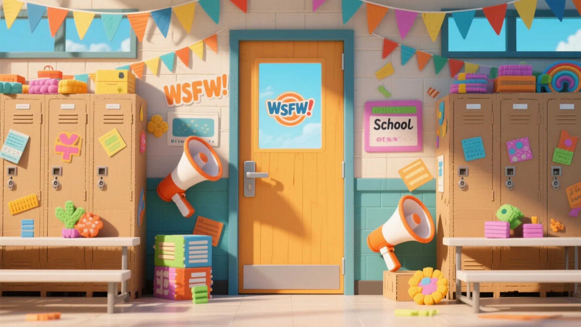 Door decorated with 3D foam board props like megaphones and lockers for homecoming