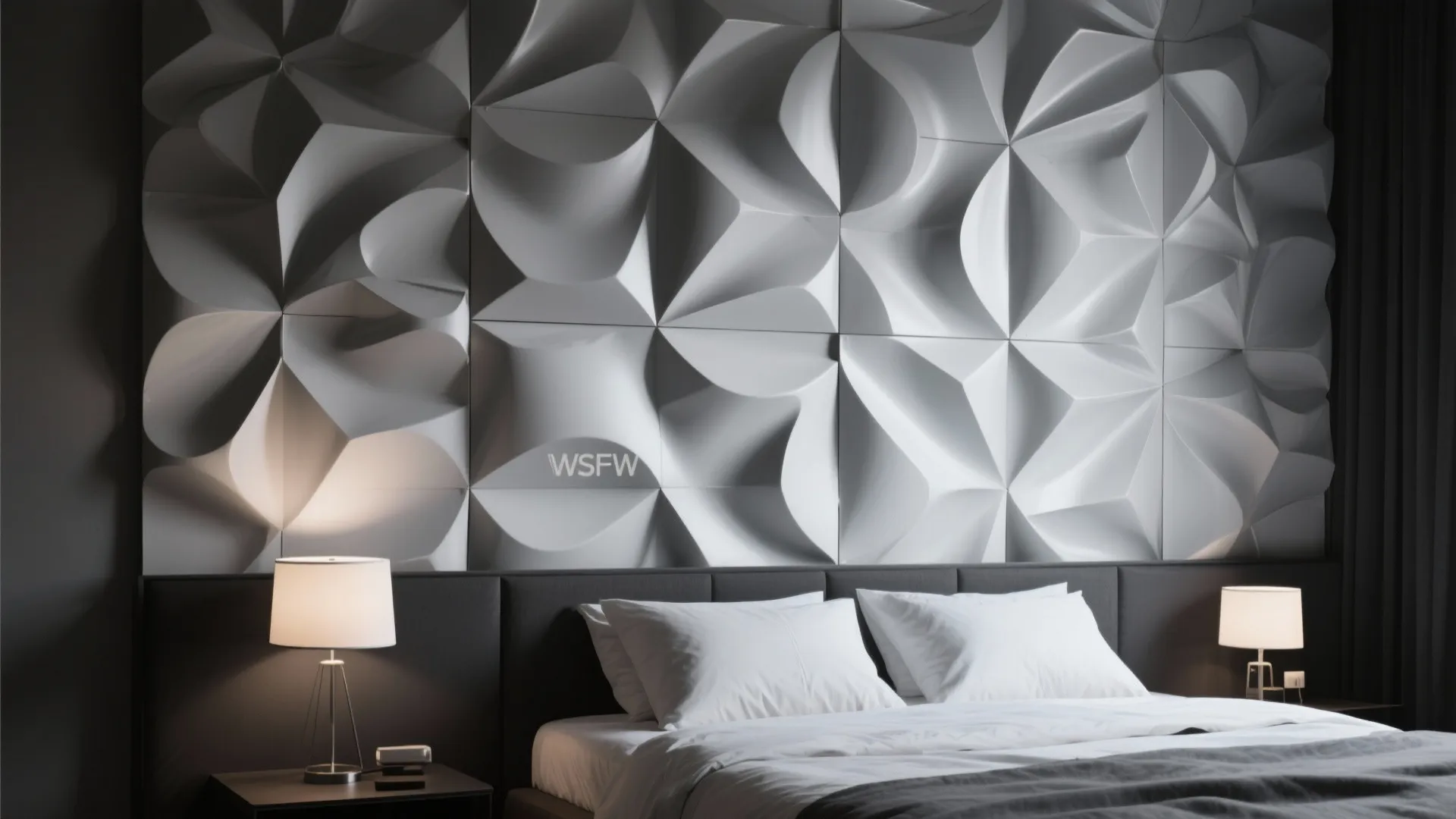 Bedroom with unique white textured wall panel and two small table lamps on black side tables