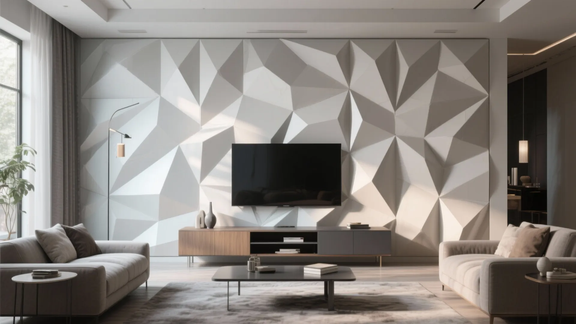 Living room with geometric white wall panel tv cabinet rug coffee table and grey sofa
