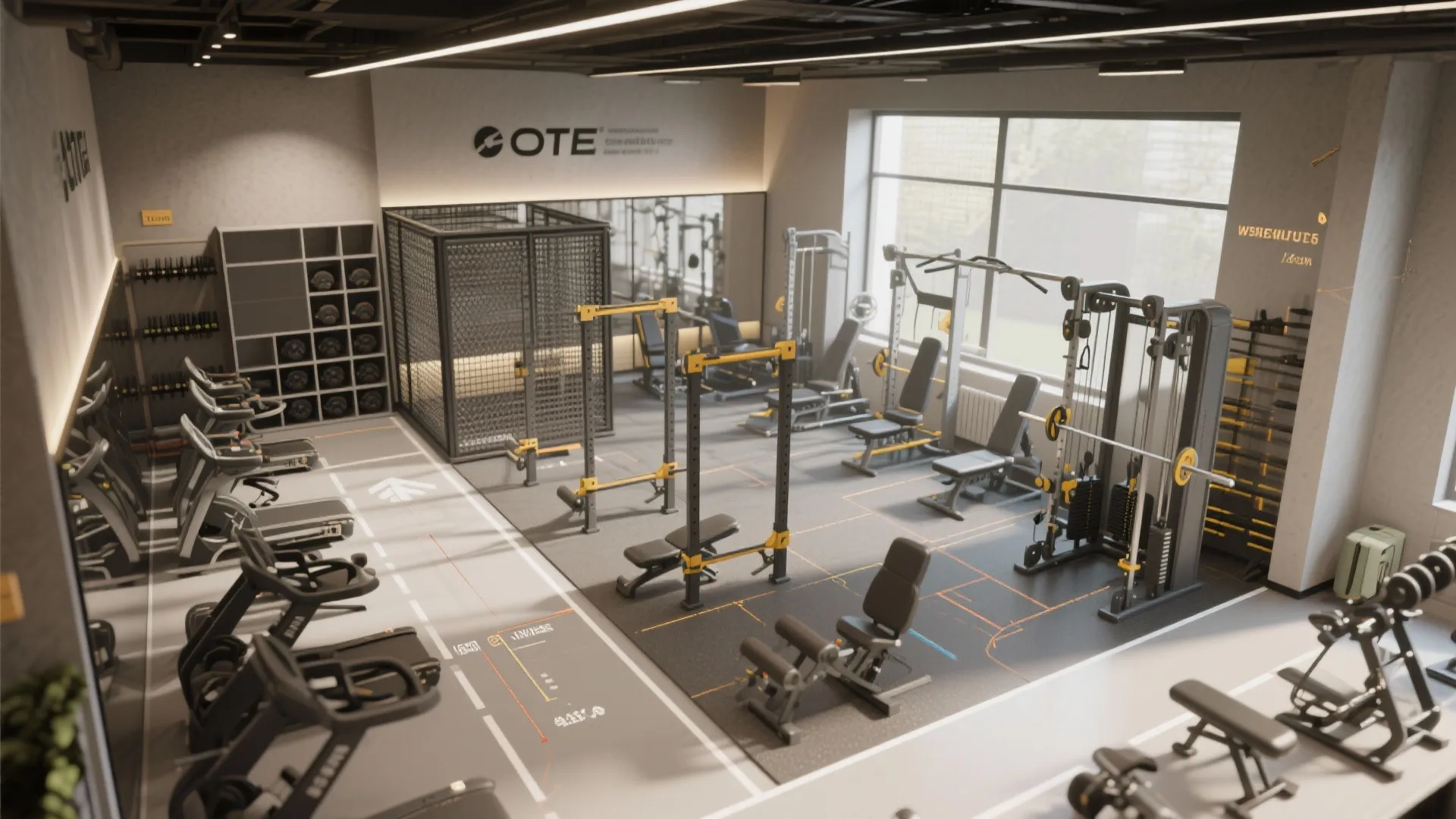 3D rendered perspective of a compact gym showing equipment placement, sightlines, and traffic flow overlays for presentations.