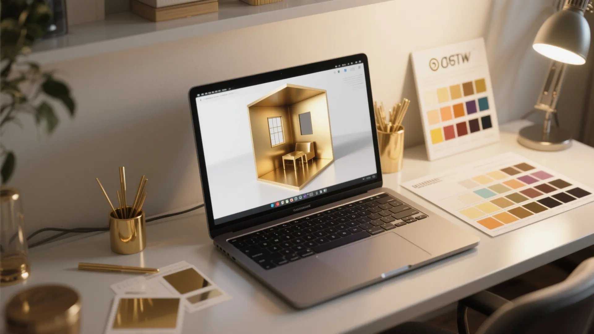Laptop showing a golden room layout design on a desk with color cards and lamp