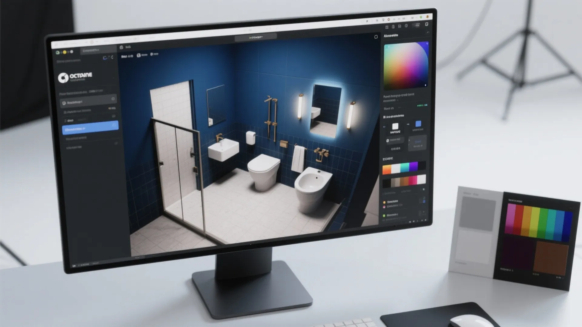 Top-down view of a 3D bathroom render and room-planner on a monitor