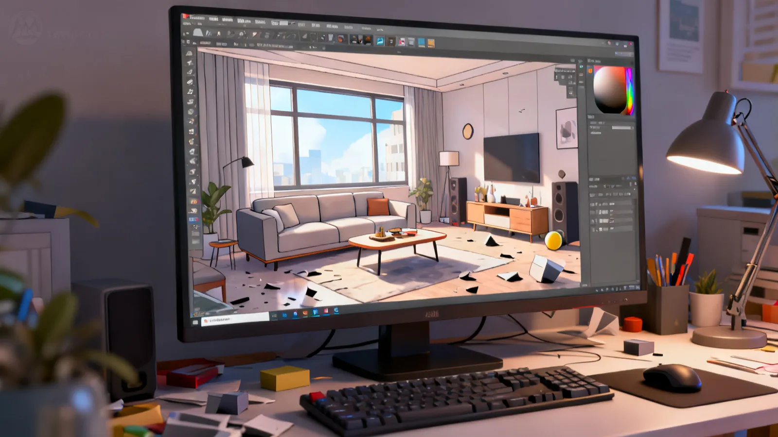 3D rendering software showing interior living room visualization on computer screen