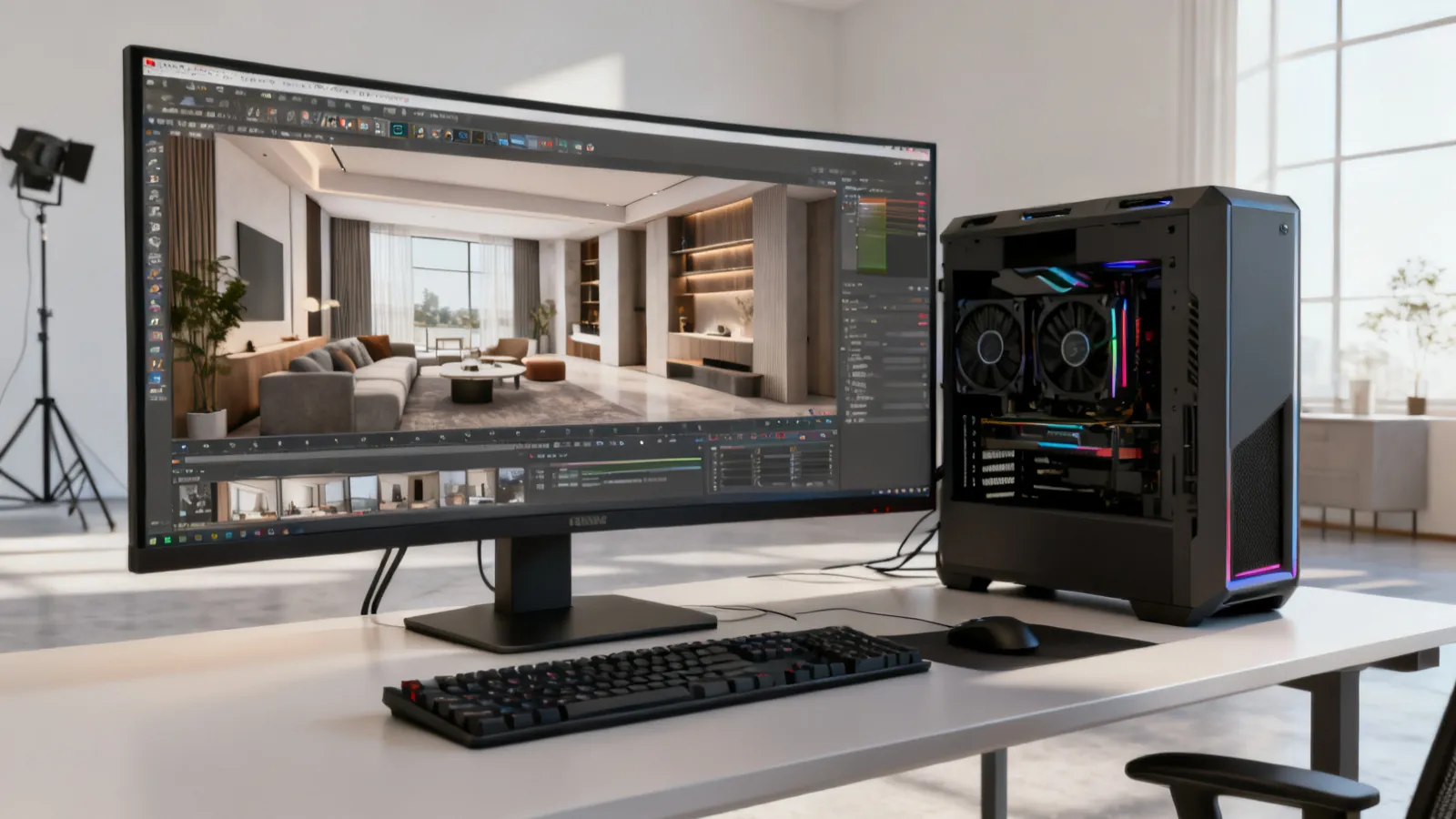3D artist workstation with rendering software and architectural visualization scene
