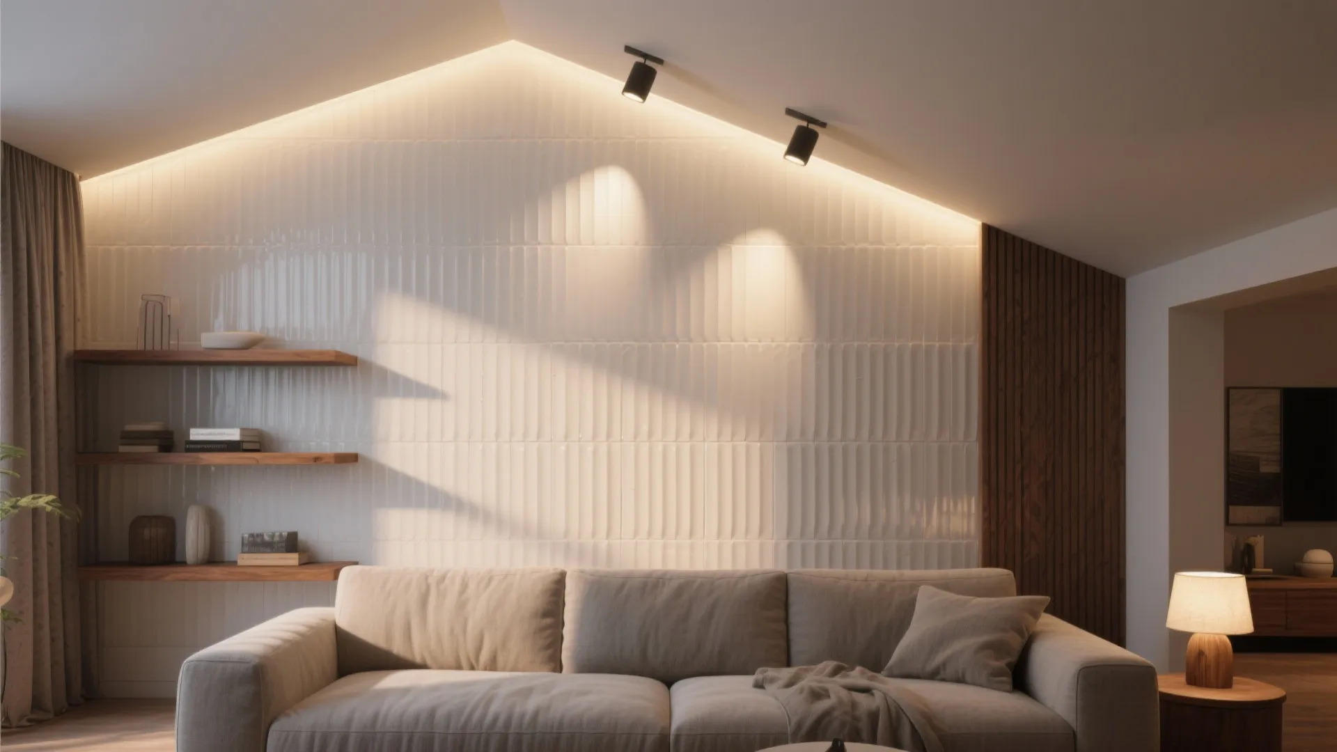 Modern living room featuring a white ribbed wall panel sofa wooden shelves and warm lighting